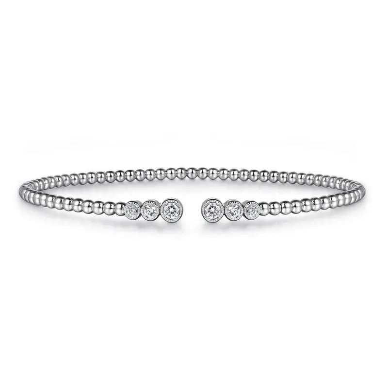 14K White Gold Bujukan Bead Split Cuff Bracelet with 0.23ct Bezel Set Diamonds, Size 5.75