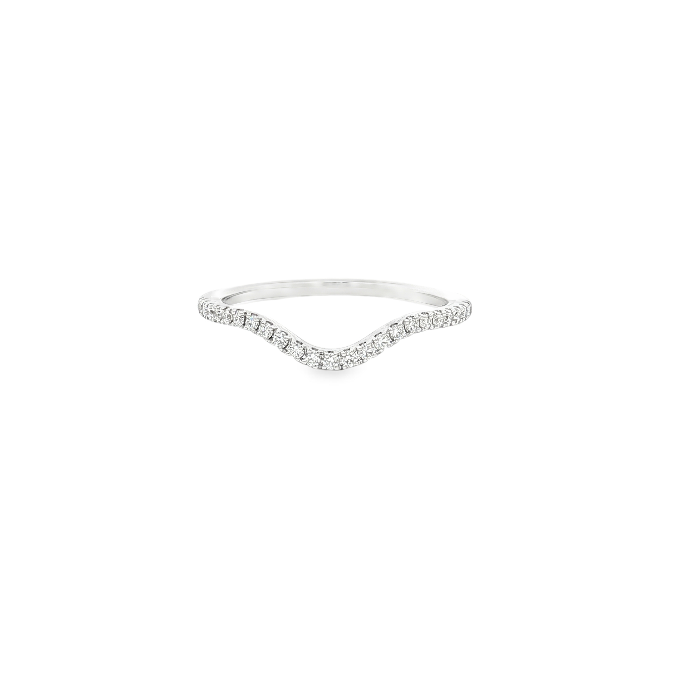 14K White Gold Curved Wedding Band With 0.16ct Natural Diamonds, Size 7