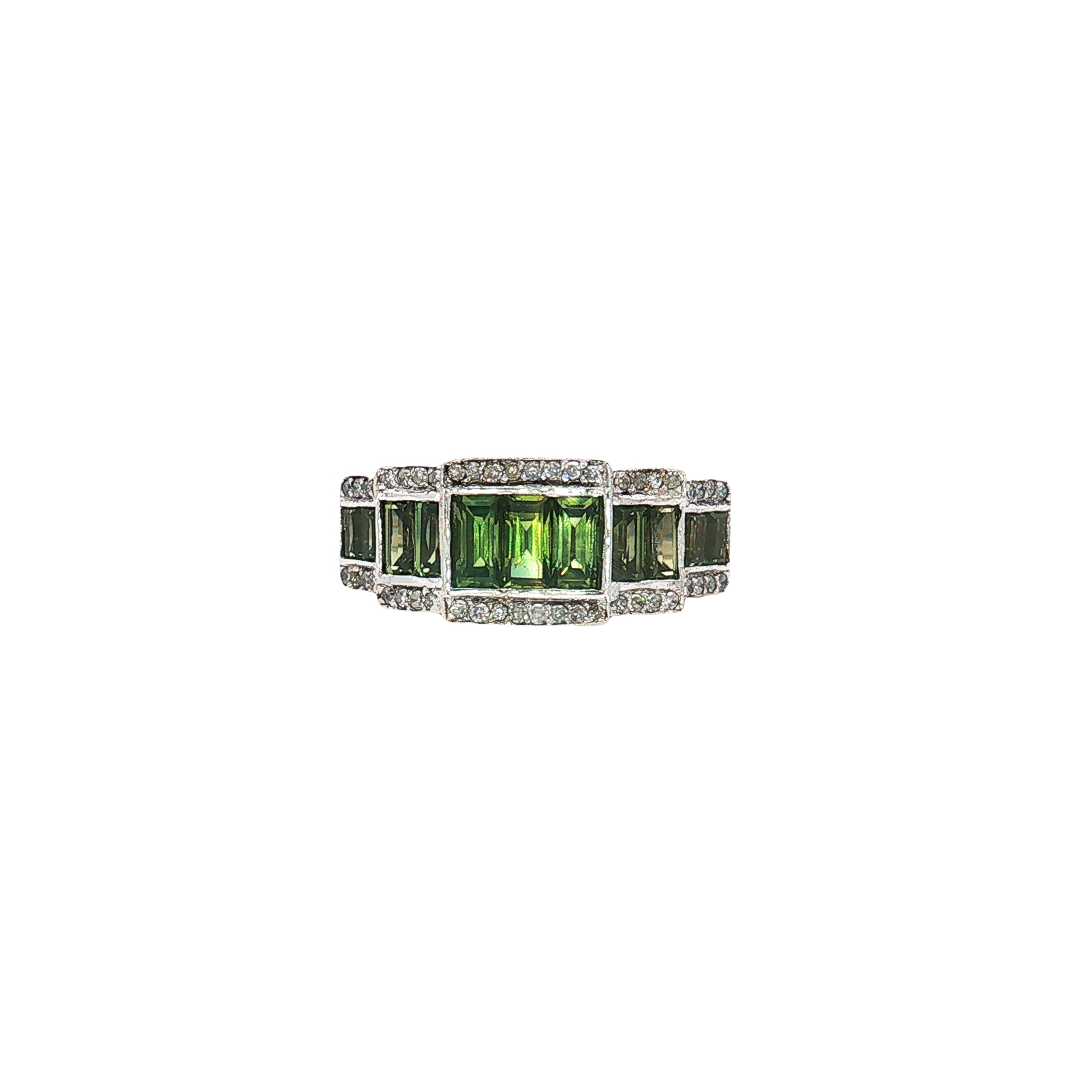 14K White Gold Emerald-Cut Peridot Band Ring with Diamond Halo Accents, Size 6.5