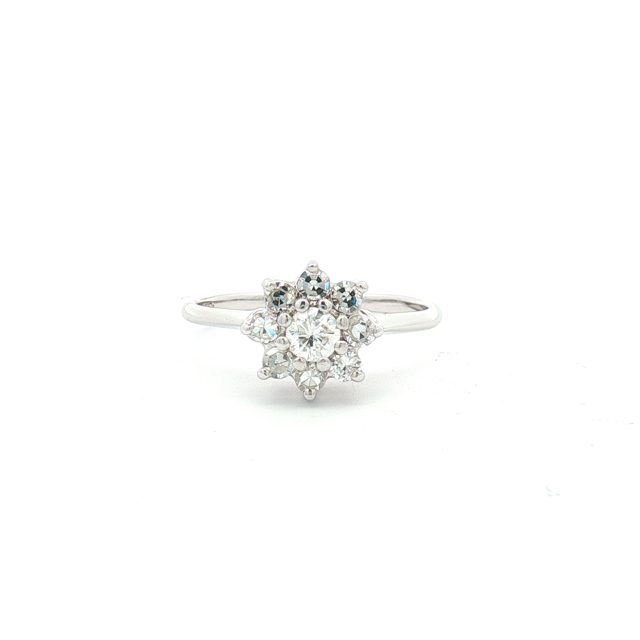 14K White Gold Flower Design Ring With Natural Diamonds, Size 5.75