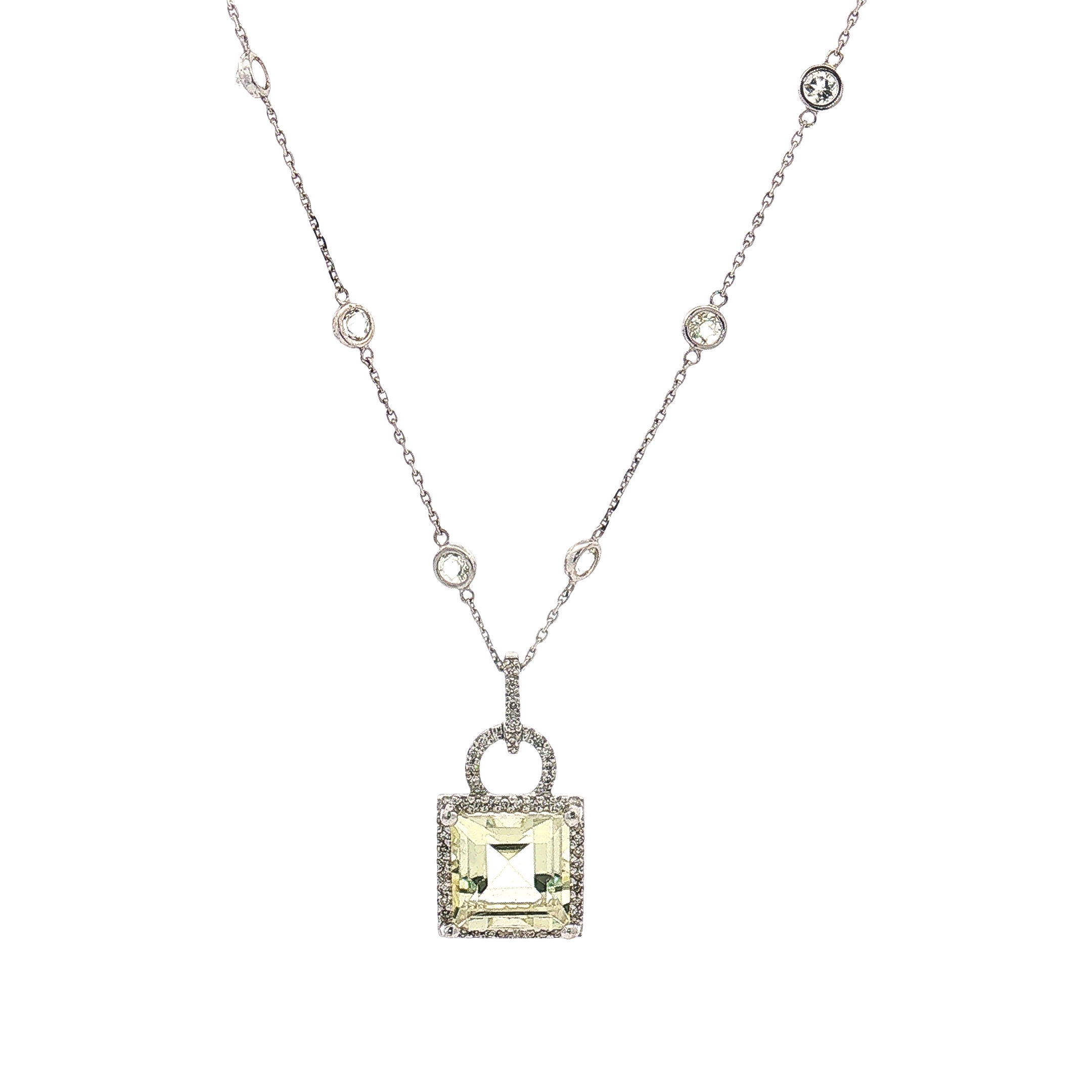 14K White Gold Green Quartz Halo Pendant Necklace with Station Chain Accents, 18