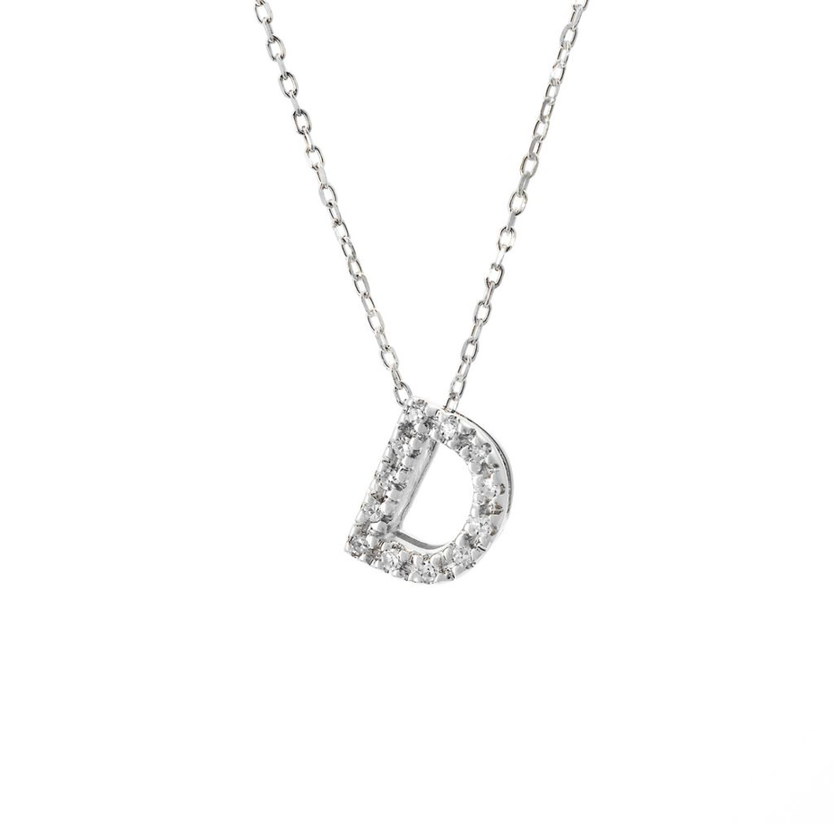 14K White Gold Initial D Necklace With 0.05ct Natural Diamonds, Size 16 + 2