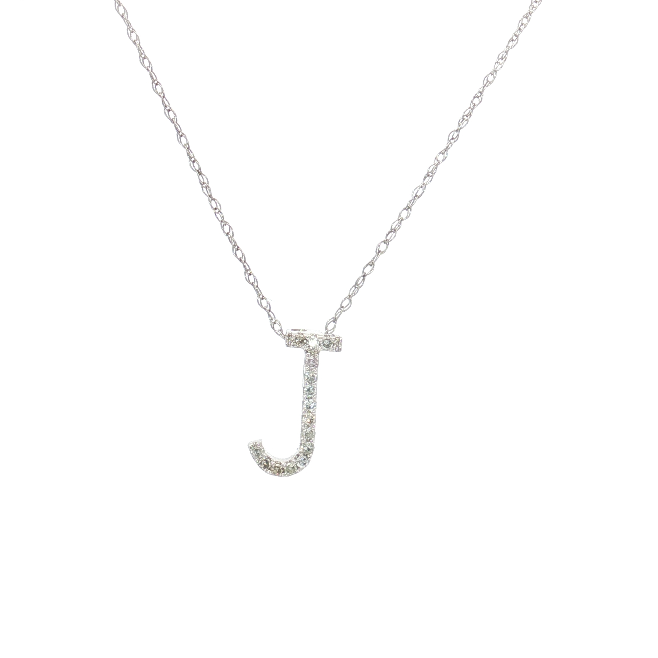 14K White Gold Initial J Necklace With Natural Diamonds, Size 16