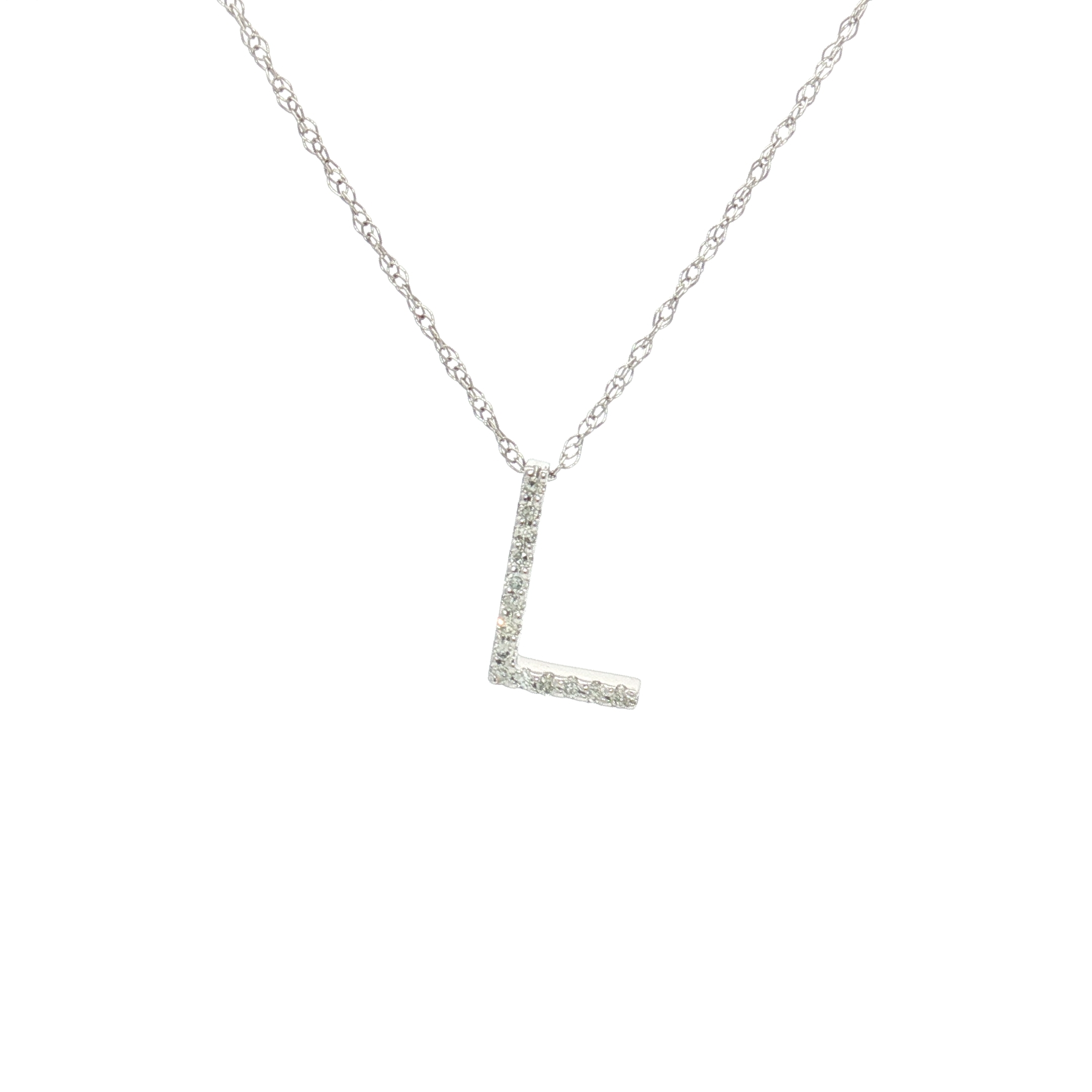 14K White Gold Initial L Necklace With Natural Diamonds, Size 16