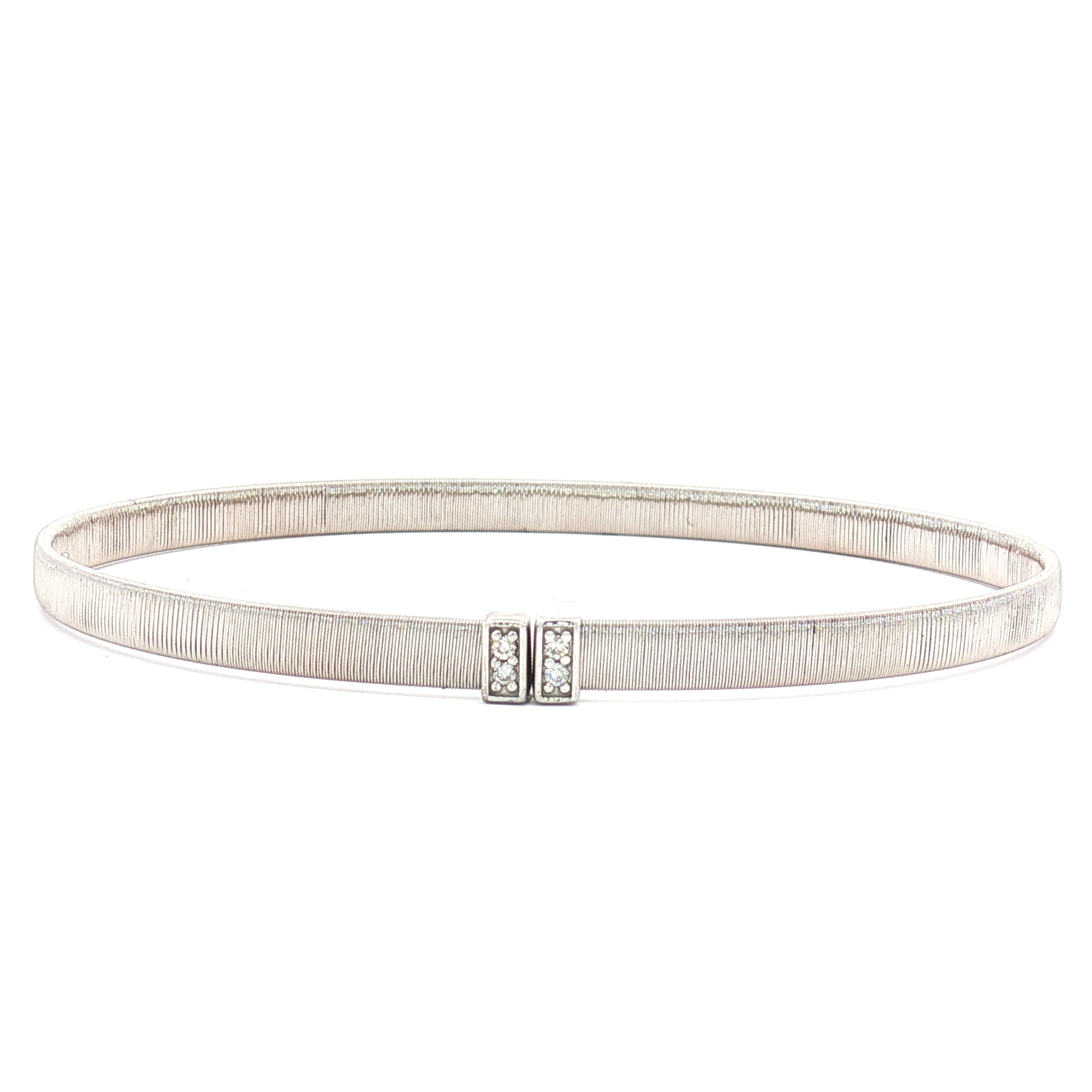 14K White Gold Open Vertical Brush Bangle with Natural Diamonds, Size 6.5