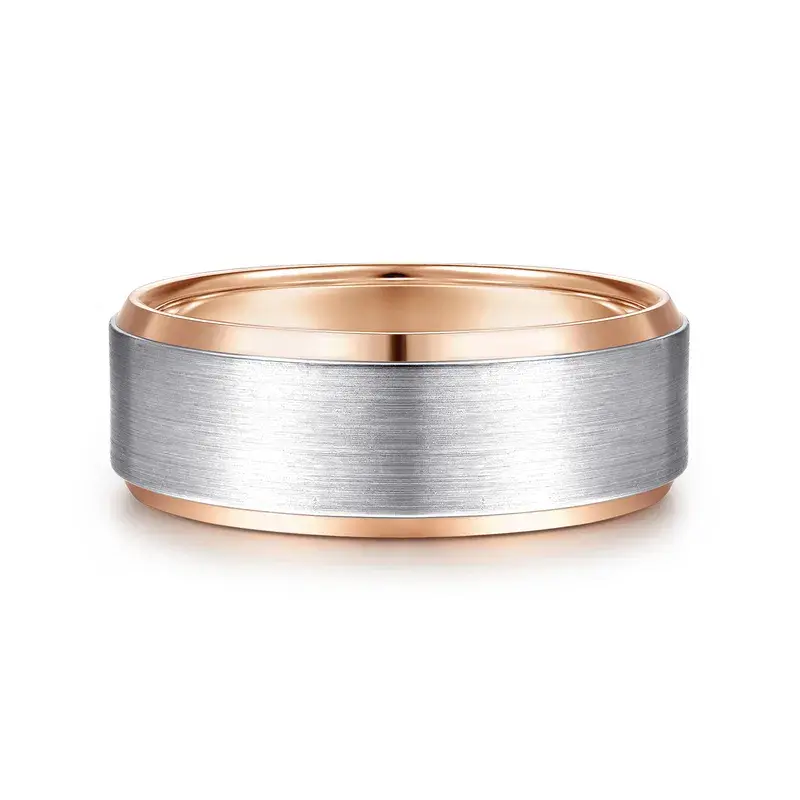 14K White-Rose Gold 8mm Beveled Edge Men's Wedding Band in Satin Finish - Alexander, Size 10