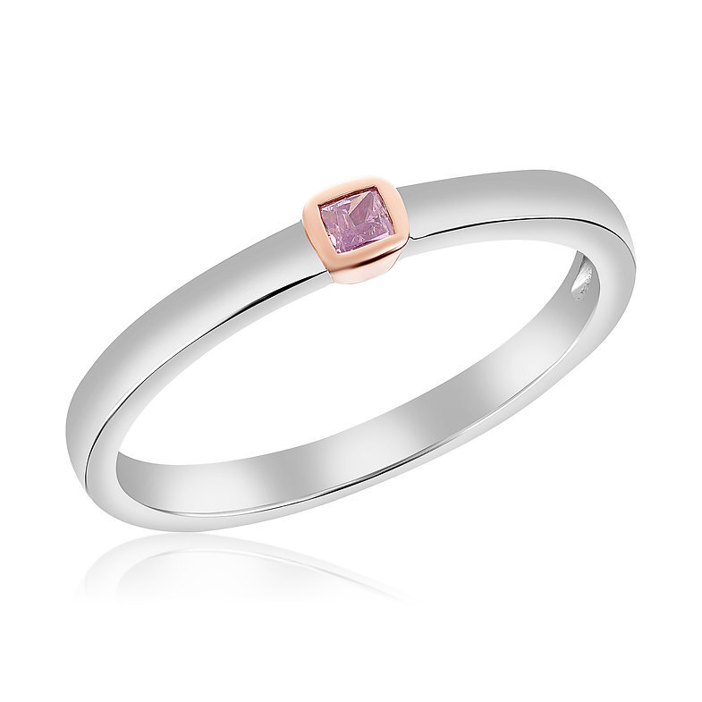 14K White & Rose Gold Stackable Band Ring Featuring a 0.07ct Fancy Intense Orangy Pink Cushion, Size 7