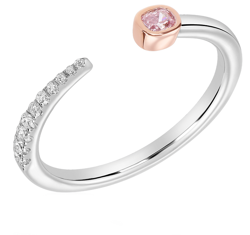 14K White & Rose Gold Stackable Band Ring Ft. a 0.07ct Fancy Brownish Pink Cushion, Accented by 10 White Diamonds Weighing 0.09ct, Size 7
