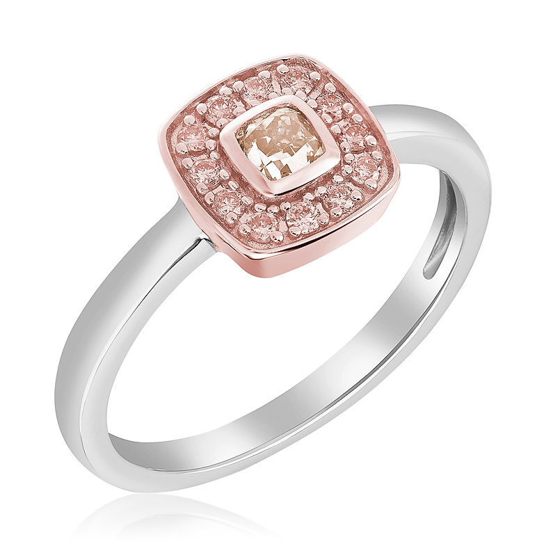 14K White & Rose Gold Stackable Halo Ring Ft. a 0.16ct Fancy Intense Orangy Pink Cushion & 12 Fancy Argyle Pink Diamonds Weighing 0.13ct, Size 7