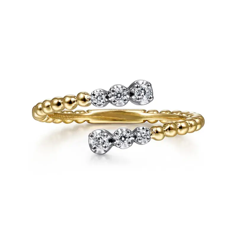 14K White Yellow Gold Beaded 0.14ct Diamond Bypass Ring-Bujukan, Size 6.5