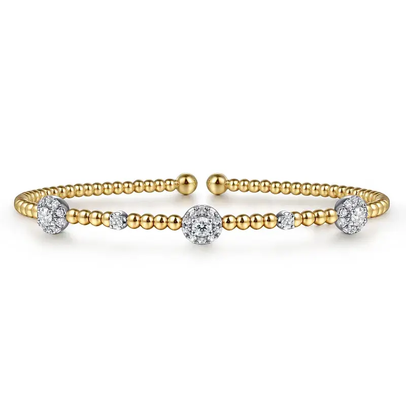 14K White-Yellow Gold Bujukan 0.51ct Diamond Cluster Stations Bangle, Size 6 (Lock Included)
