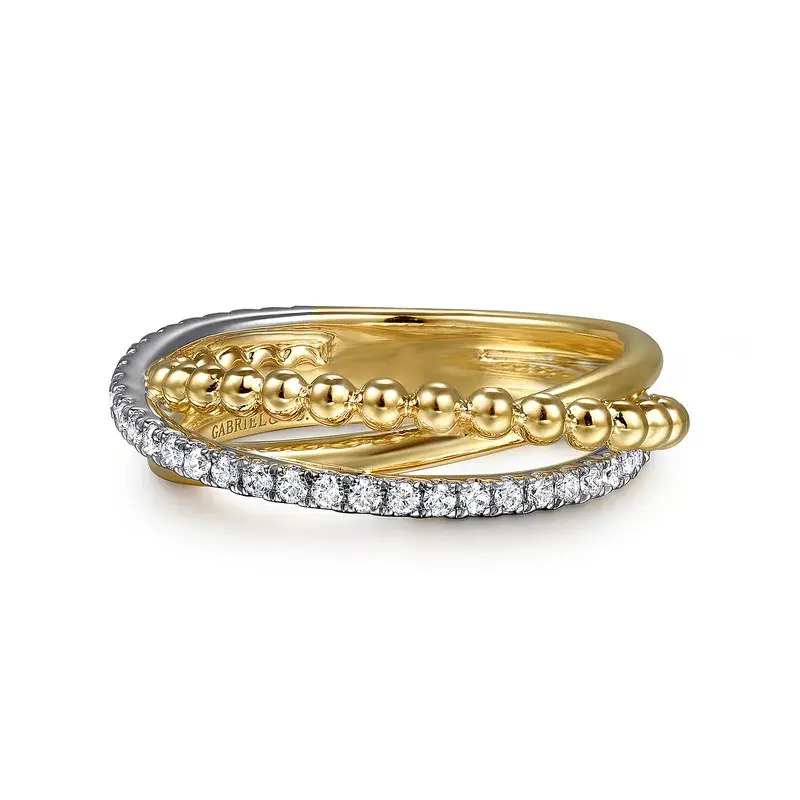 14K White Yellow Gold Bujukan 0.28ct Diamond Criss Cross Ring, Size 6.5