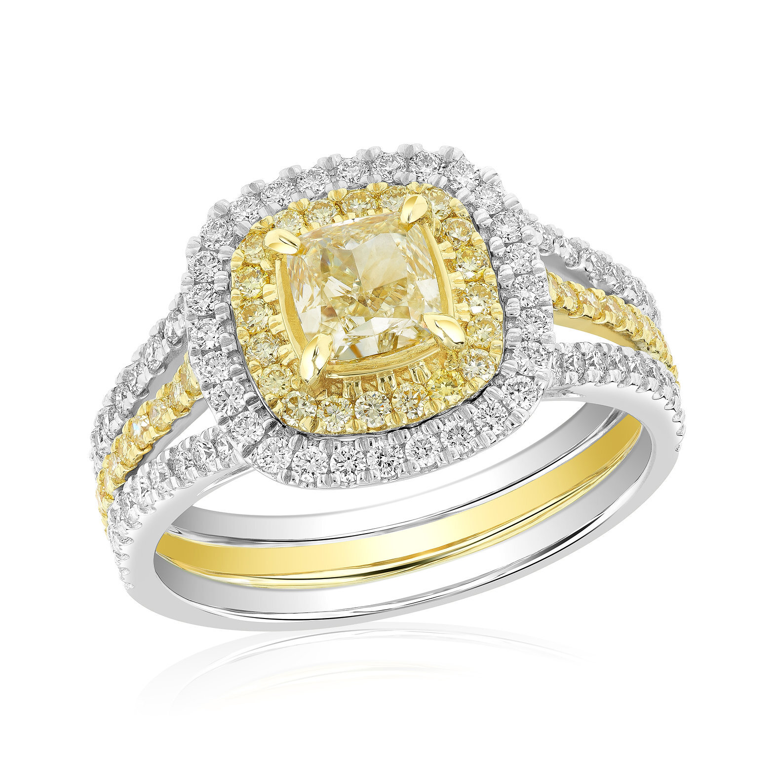 14K White & Yellow Gold Engagement Ring Ft. a 0.81ct Y-Z Cushion. Accented by 40 Fancy Yellow Diamonds Weighing 0.32ct and 64 F-G Melee Weighing 0.54ct, Size 7