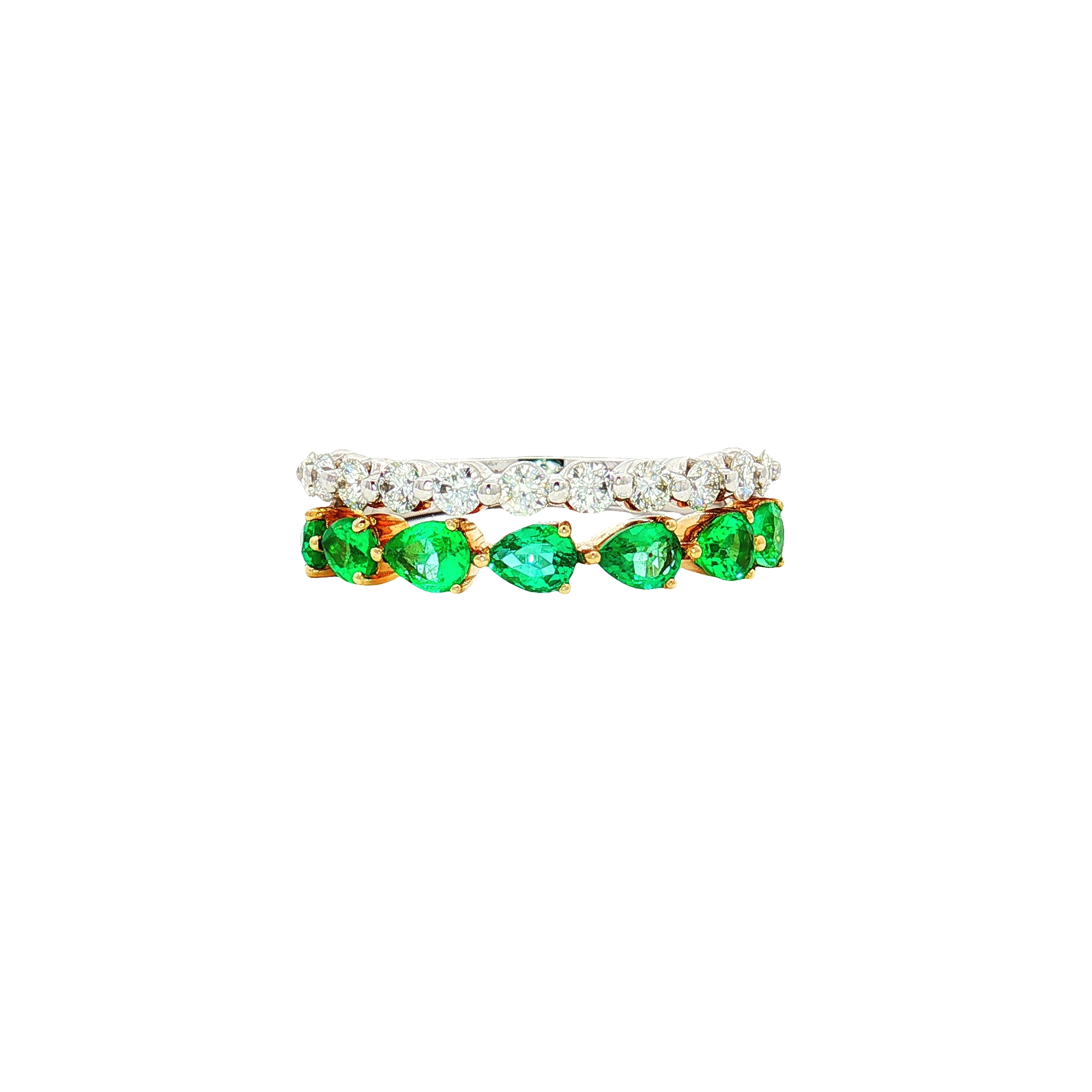 14K White & Yellow Gold Pear-Shaped Emerald & Round Diamond Double Row Ring, Size 7 