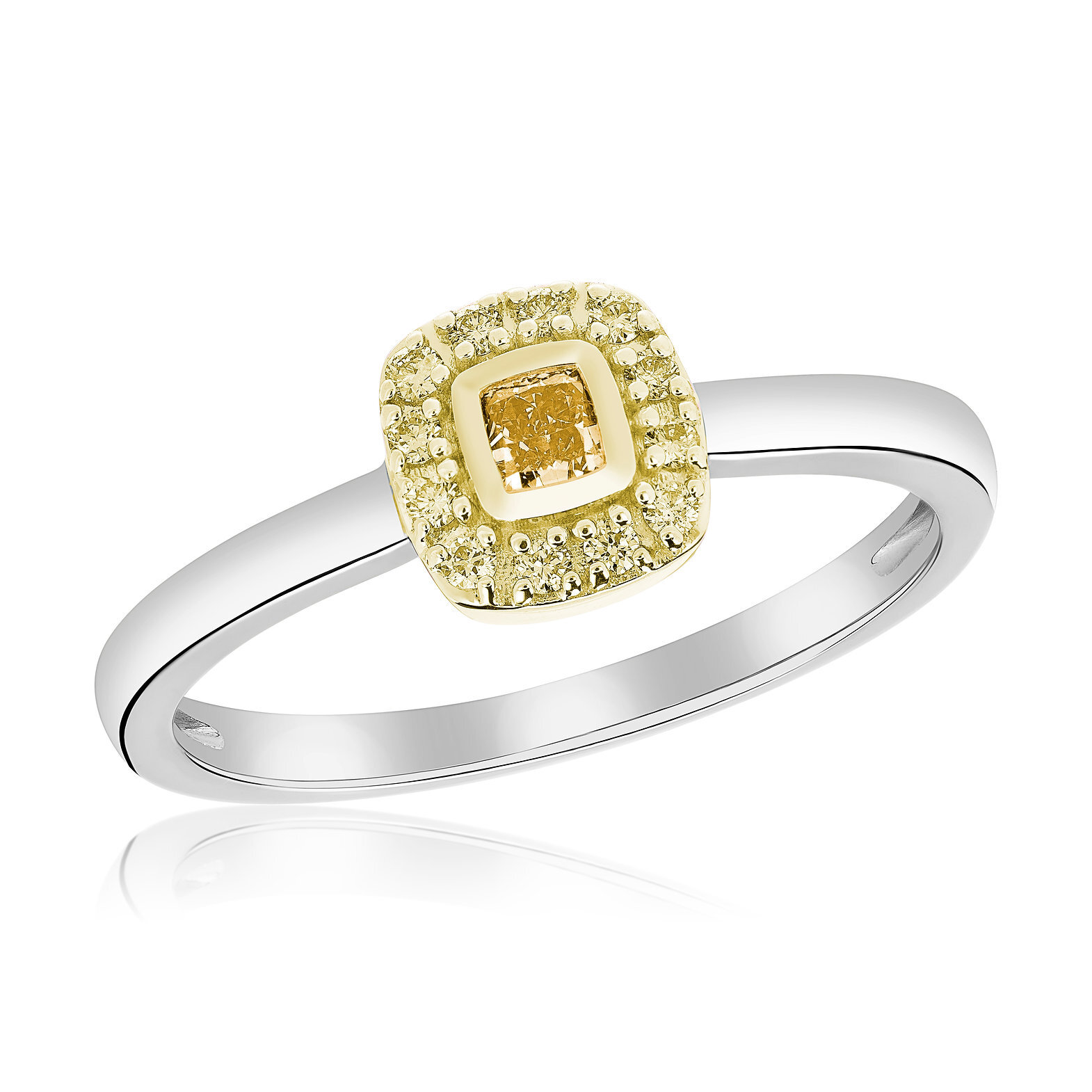 14K White & Yellow Gold Stackable Halo Ring Ft. a 0.22ct Fancy Intense Yellowish Orange Cushion & 12 Fancy Yellow Diamonds Weighing 0.14ct, Size 7
