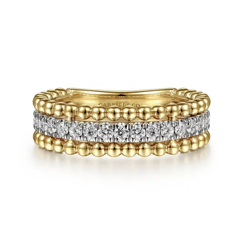 14K White-Yellow Gold Three Row 0.46ct Diamond and Bujukan Bead Ring, Size 6.5