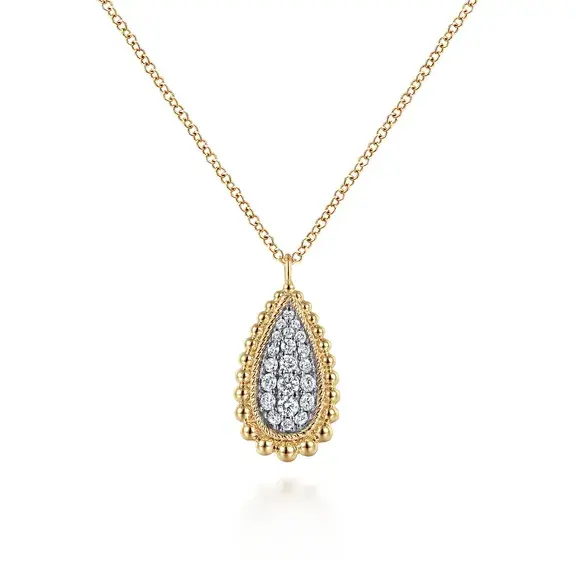 14K Yellow Gold Bujukan Pave Diamond Teardrop Pendant Necklace 17.50 