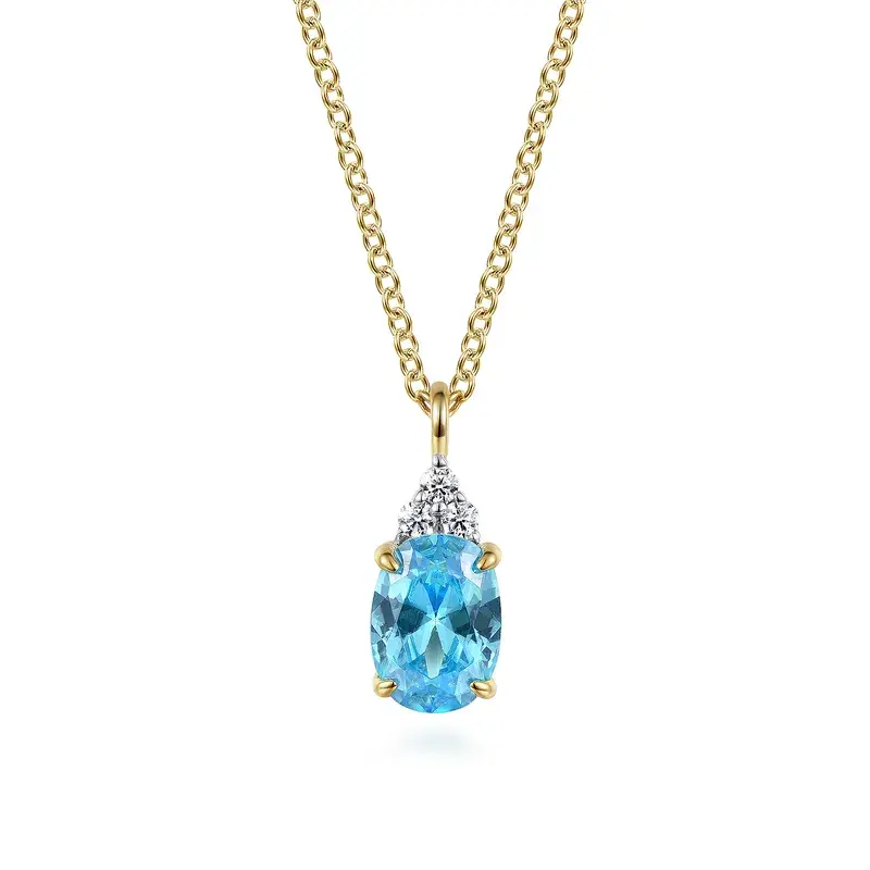 14K Yellow Gold 0.05ct Diamond And 1.09ct Swiss Blue Topaz Pendant Necklace, 17.5