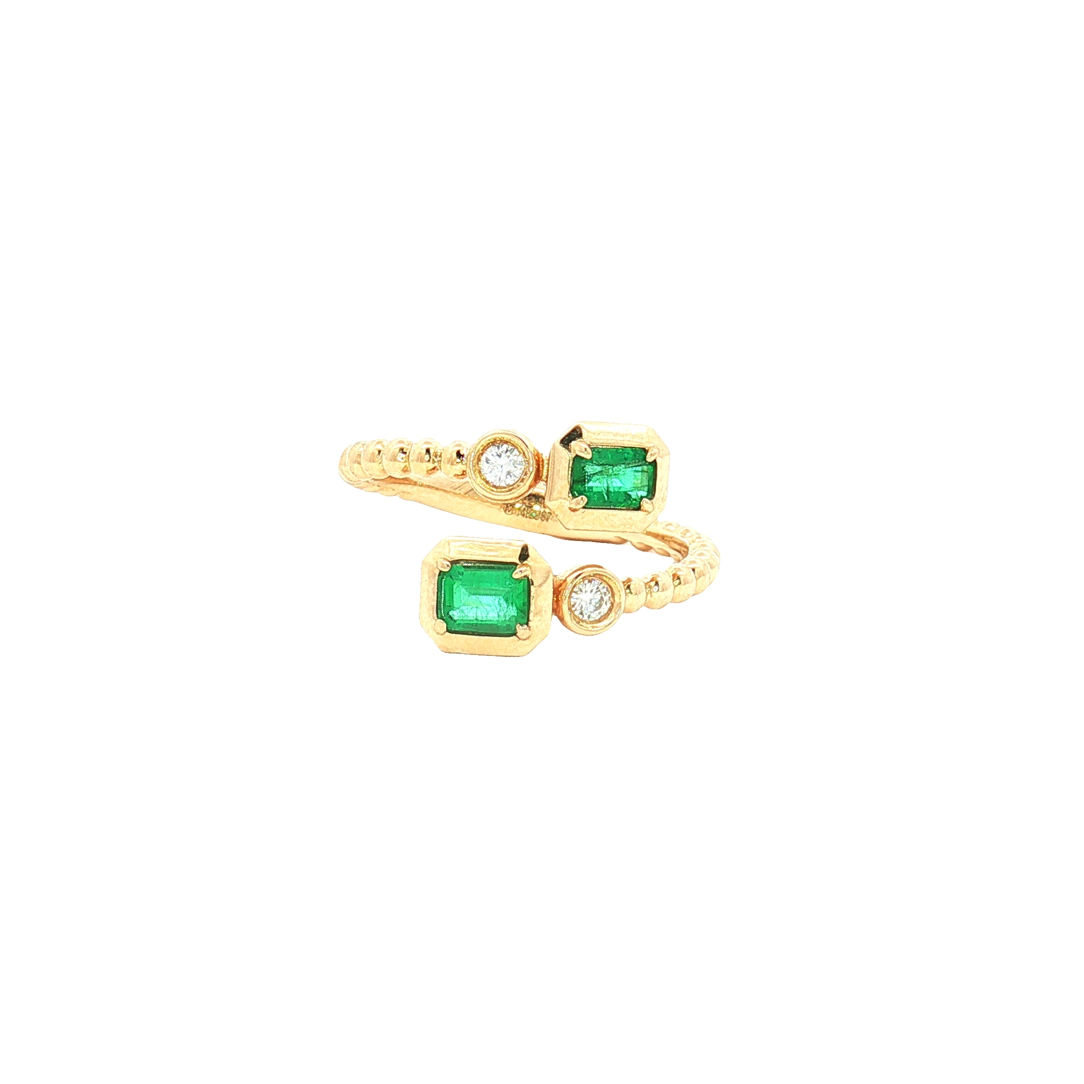 14K Yellow Gold 0.50ct Emerald & 0.08ct Diamond Bezel Beaded Bypass Ring, Size 7 