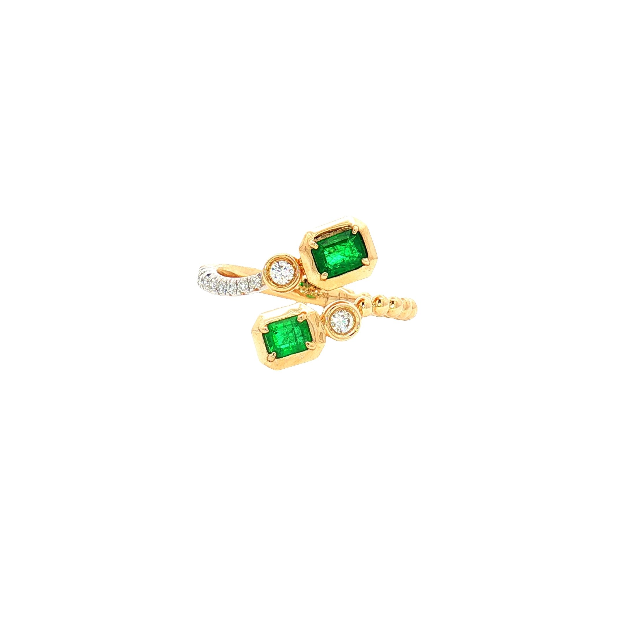 14K Yellow Gold 0.53ct Emerald & 0.15ct Diamond Bypass Ring – Emerald Center, Diamond Bezel Accents, Pavé Diamonds Along Band, Size 7