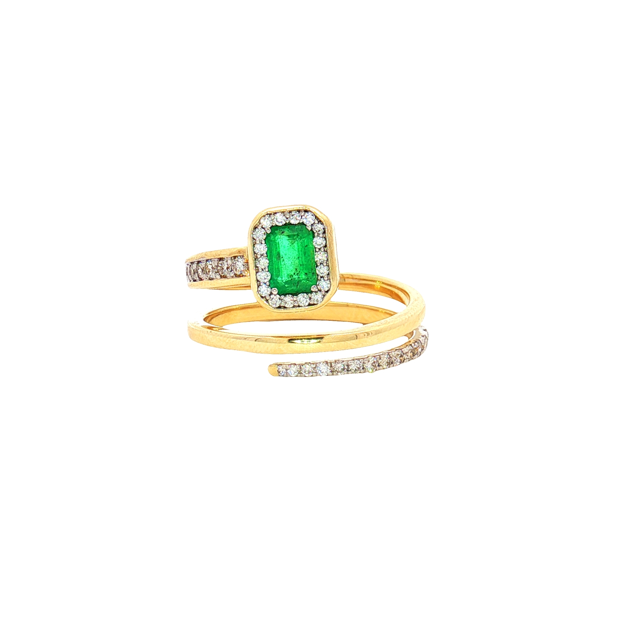 14K Yellow Gold 0.56ct Emerald- Cut Center Stone & 0.35ct Diamond Halo Multi-Band Ring, Size 7.5 