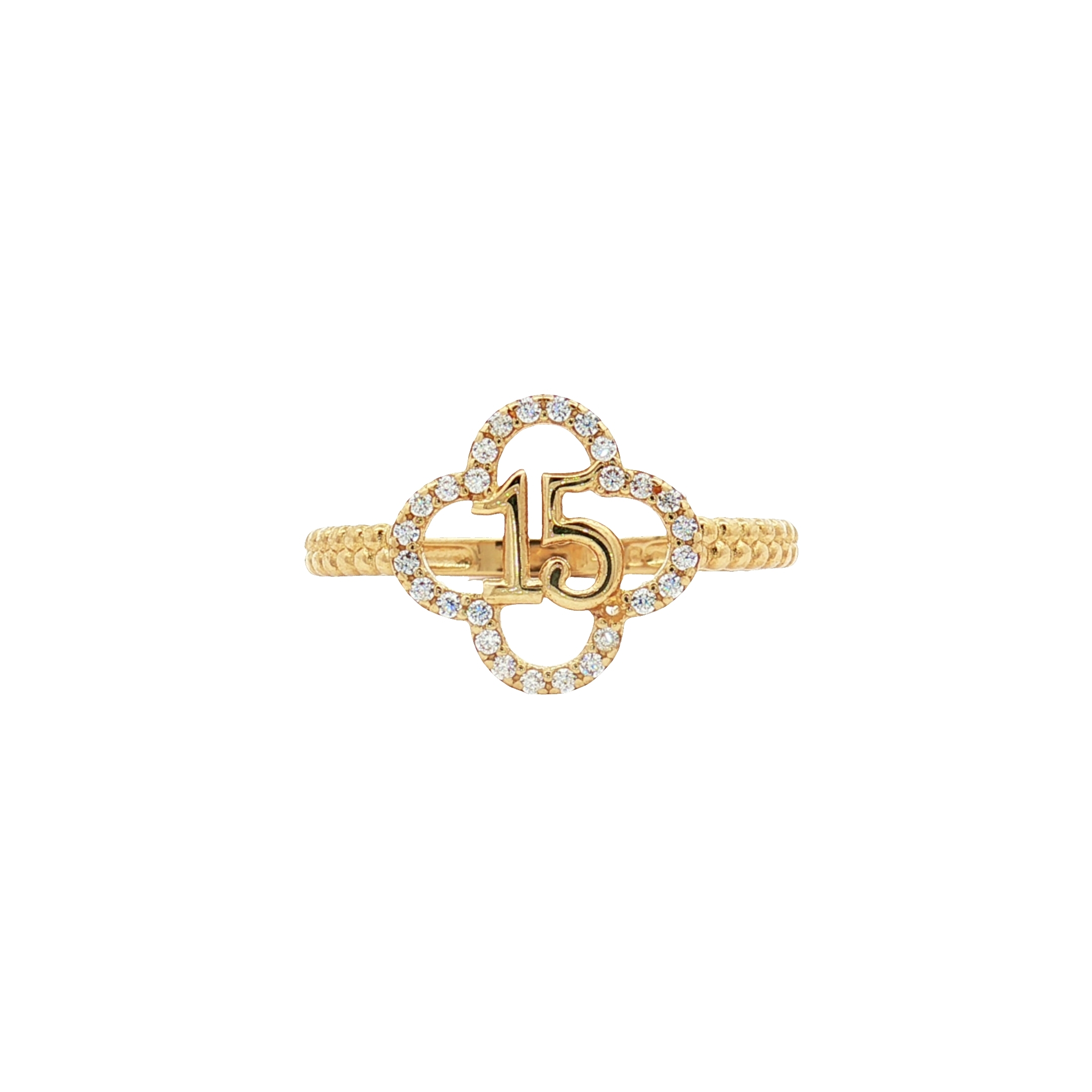 14K Yellow Gold 15th Birthday Flower Ring with Cubic Zirconia, Size 7
