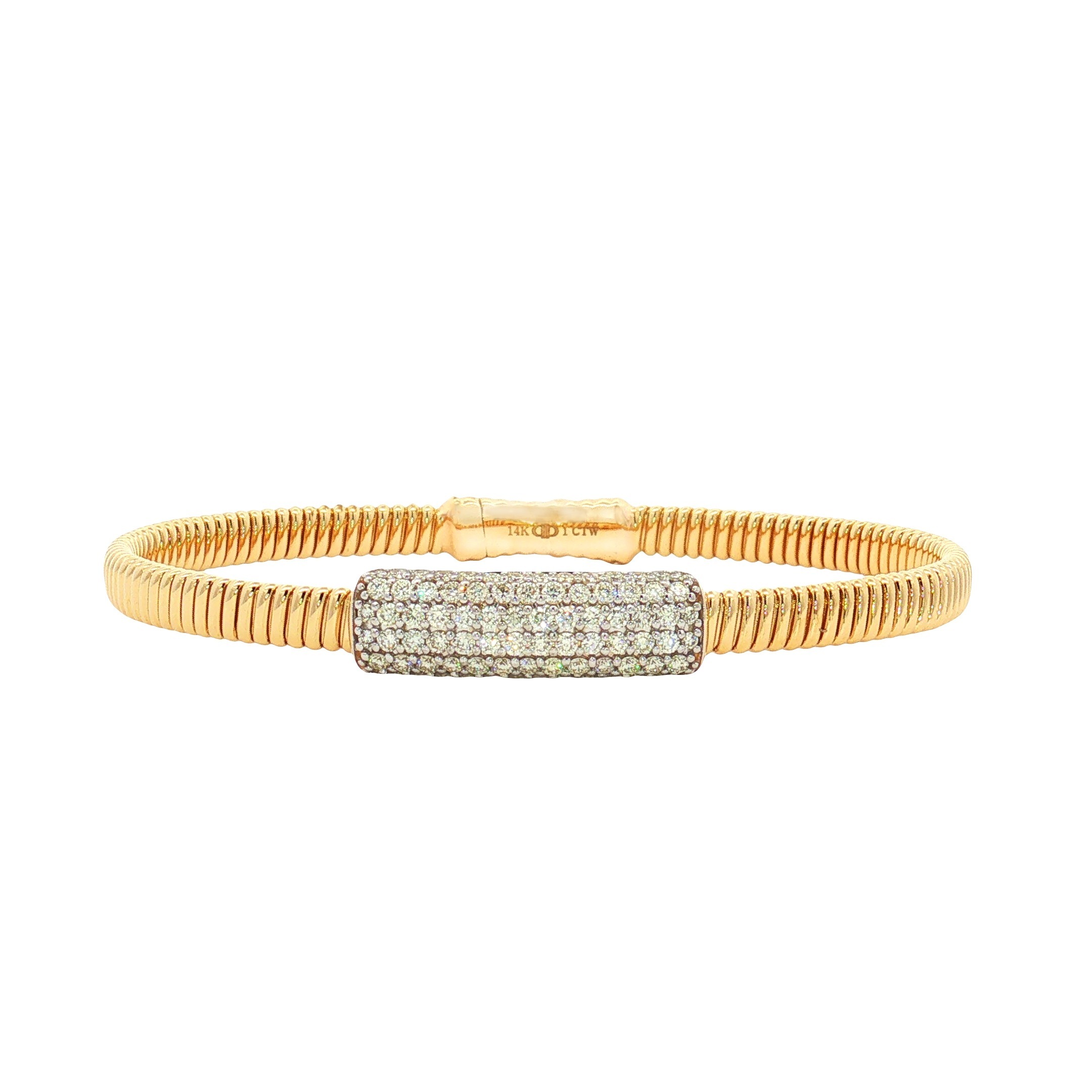 14K Yellow Gold 1.00ct Natural Pavé Diamond Titanium Wire Flex Bangle - Size 6.5