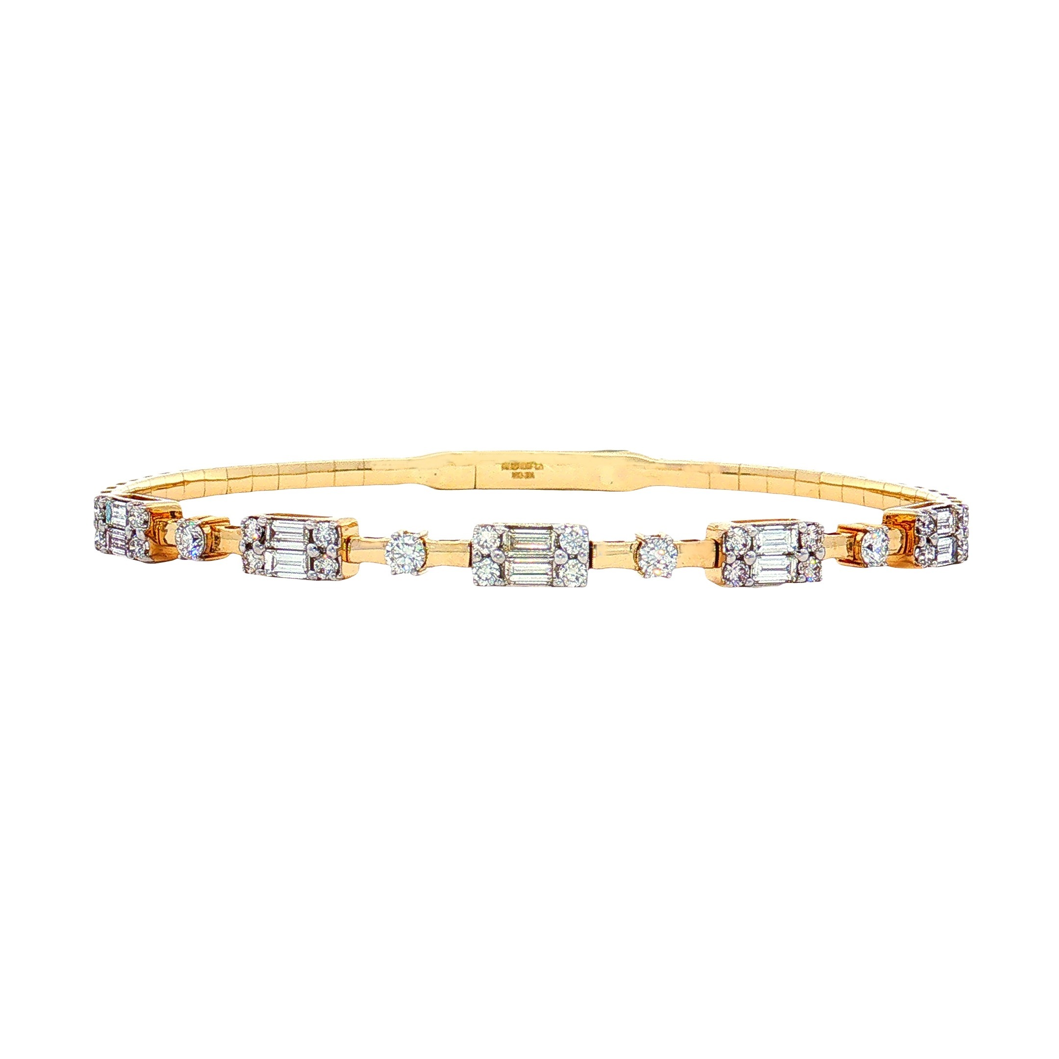 14K Yellow Gold 1.24ct Natural Diamond Baguette Cluster & Round Station Flex Bangle - 6.75
