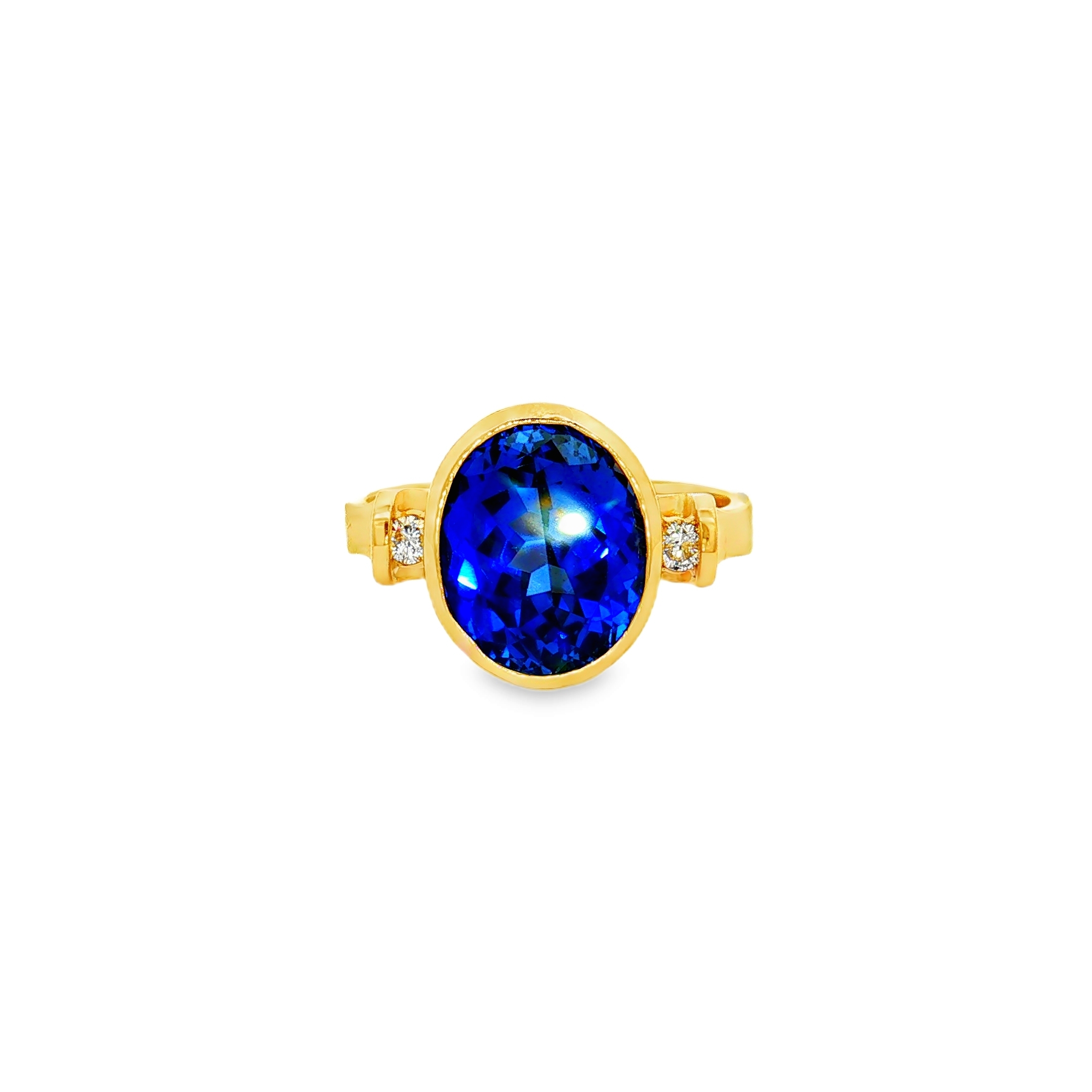 14K Yellow Gold 3.50ct Blue Quartanite Ring with Natural Diamond Side Accents, Size 6.75