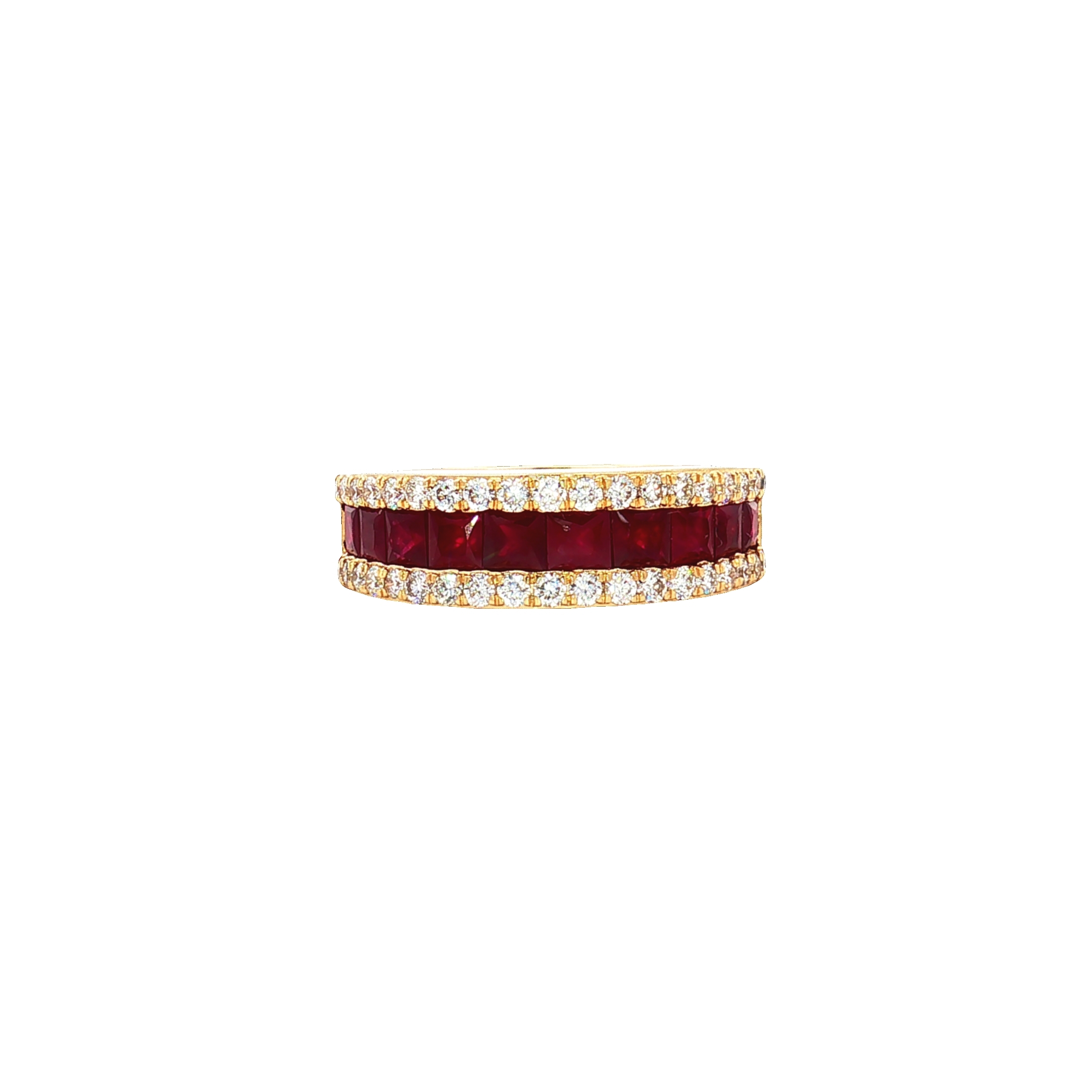 14K Yellow Gold Band with 1.59ct Princess-Cut Rubies and 0.55ct Diamonds, Size 6.5