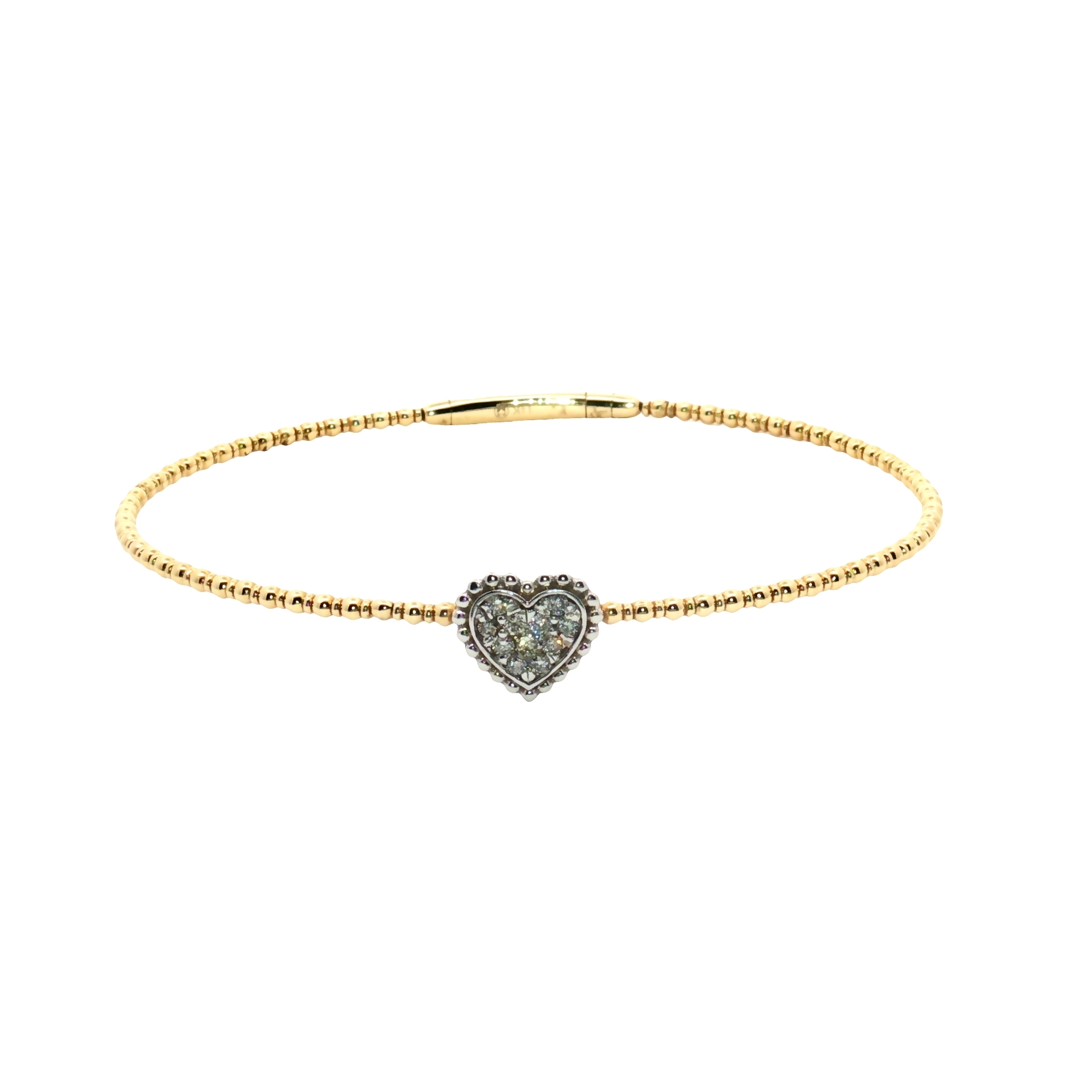 14K Yellow Gold Beaded Openable Bangle with White Gold Pavé Heart featuring 0.97ct Natural Diamonds