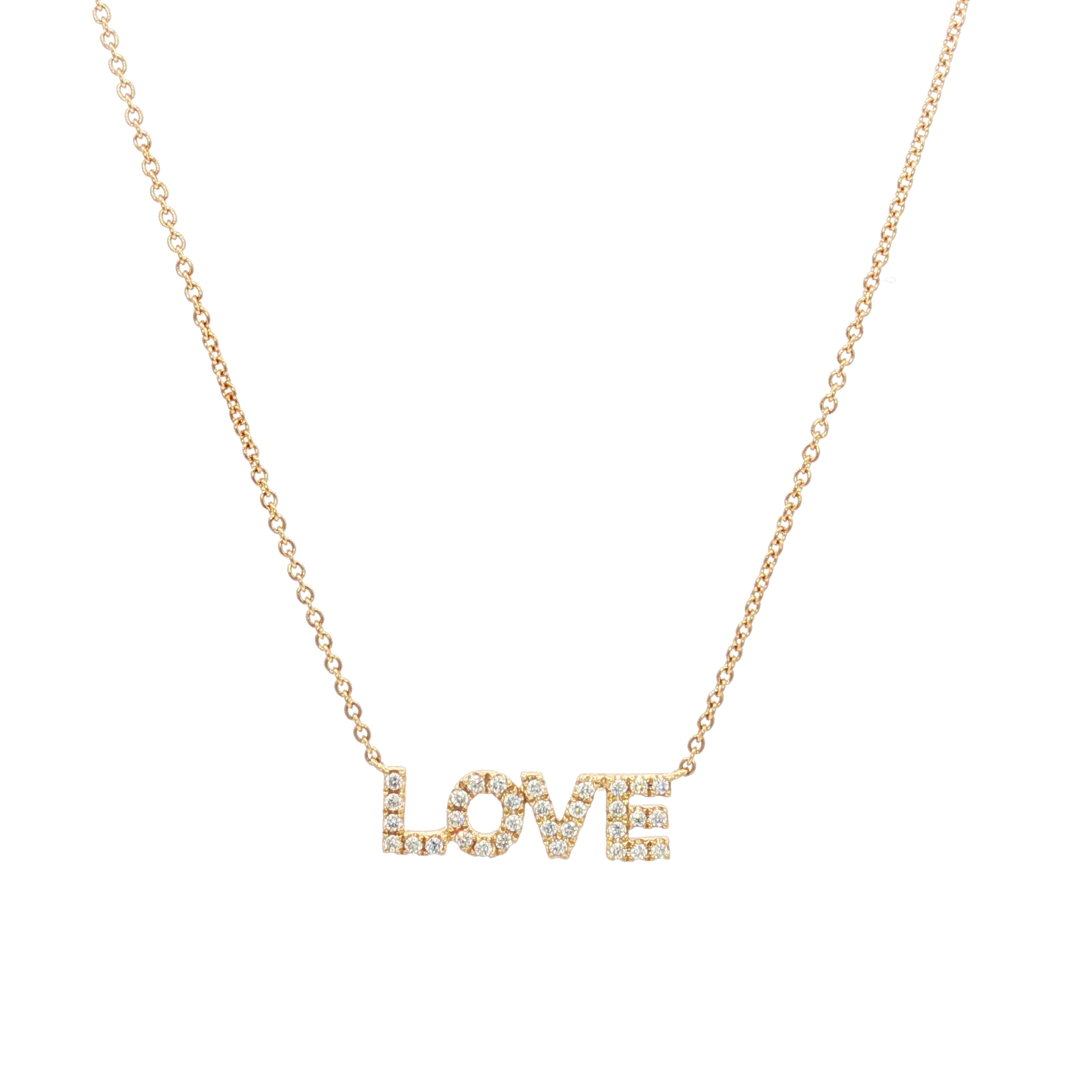 14K Yellow Gold Block Letter Love Pendant Necklace with 0.26ct Natural Diamonds, 18 ( Adjustable at 16 and 17 )