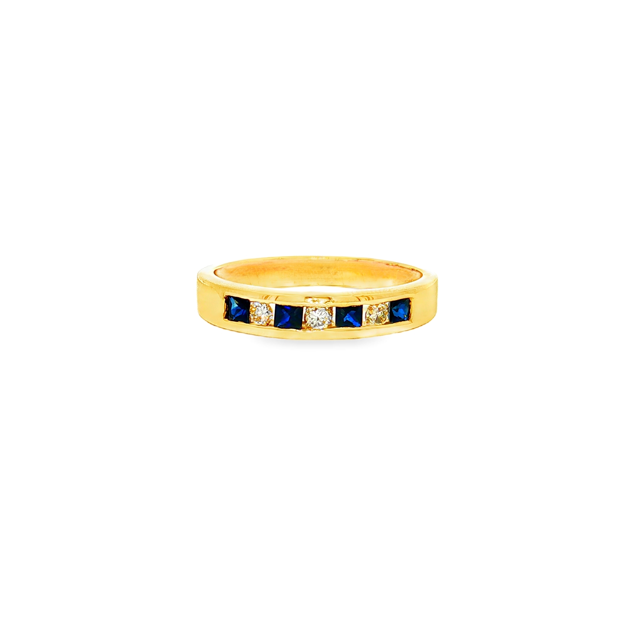 14K Yellow Gold Blue Sapphire & Diamonds Channel-Set Band, Size 6.75