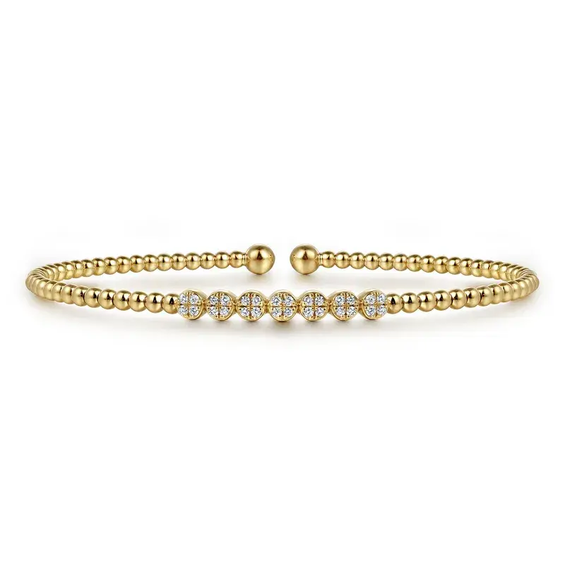 14K Yellow Gold Bujukan Bead and Cluster 0.14ct Diamond Bangle, Size 6.5 (Lock Included)
