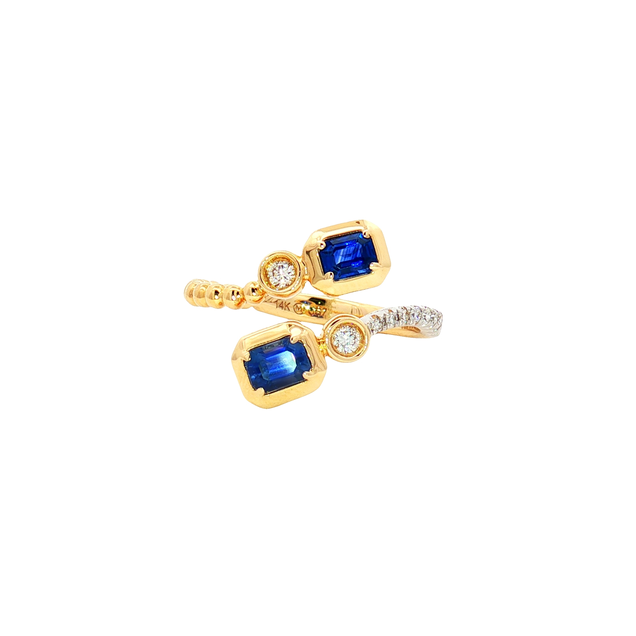 14K Yellow Gold Bypass Ring with 0.60ct Blue Sapphire, 0.11ct Diamond Bezel Accents & 0.05ct Pavé Diamonds Along Band, Size 7