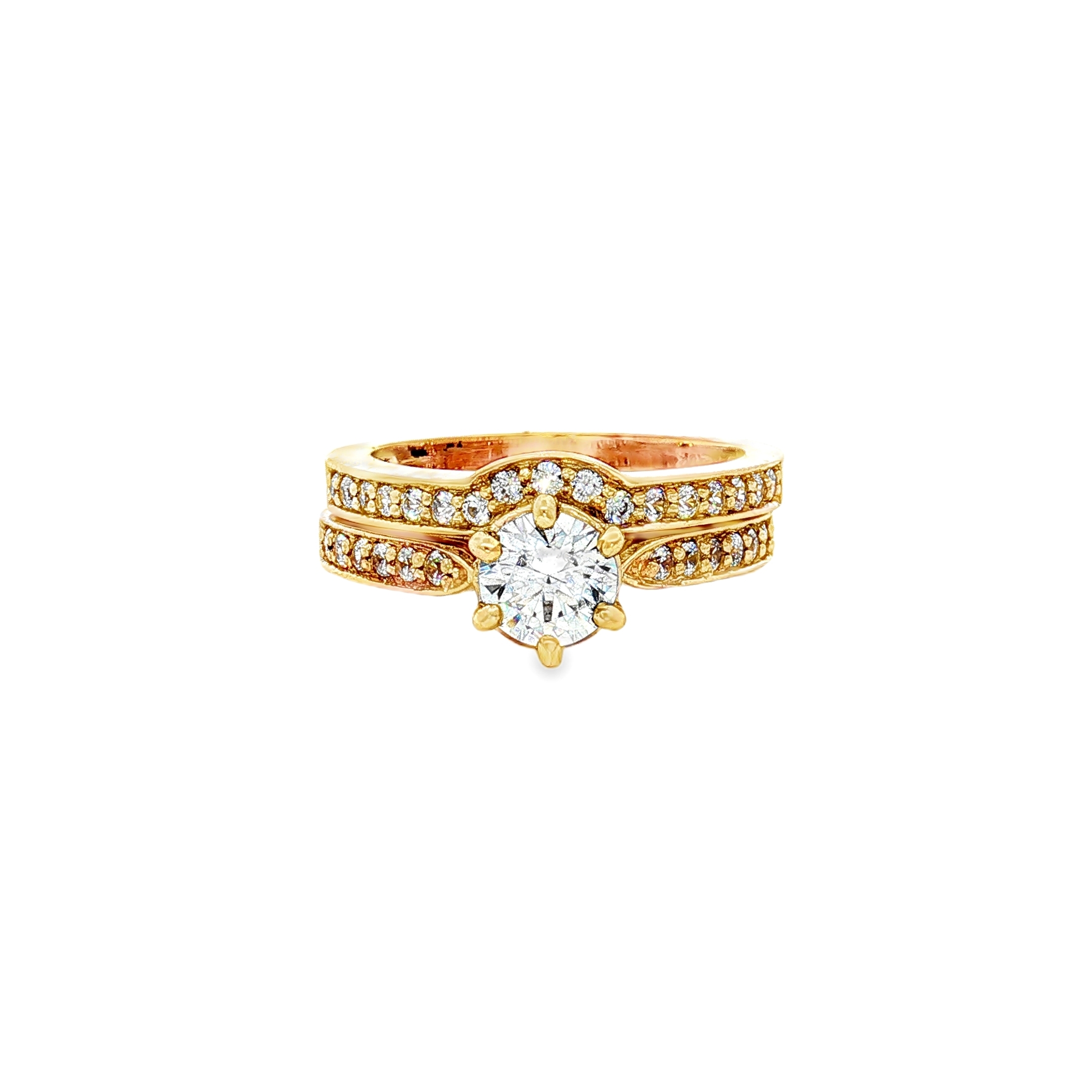 14K Yellow Gold Cathedral Wedding Set with Cubic Zironia Center and Accent Bands, Size 