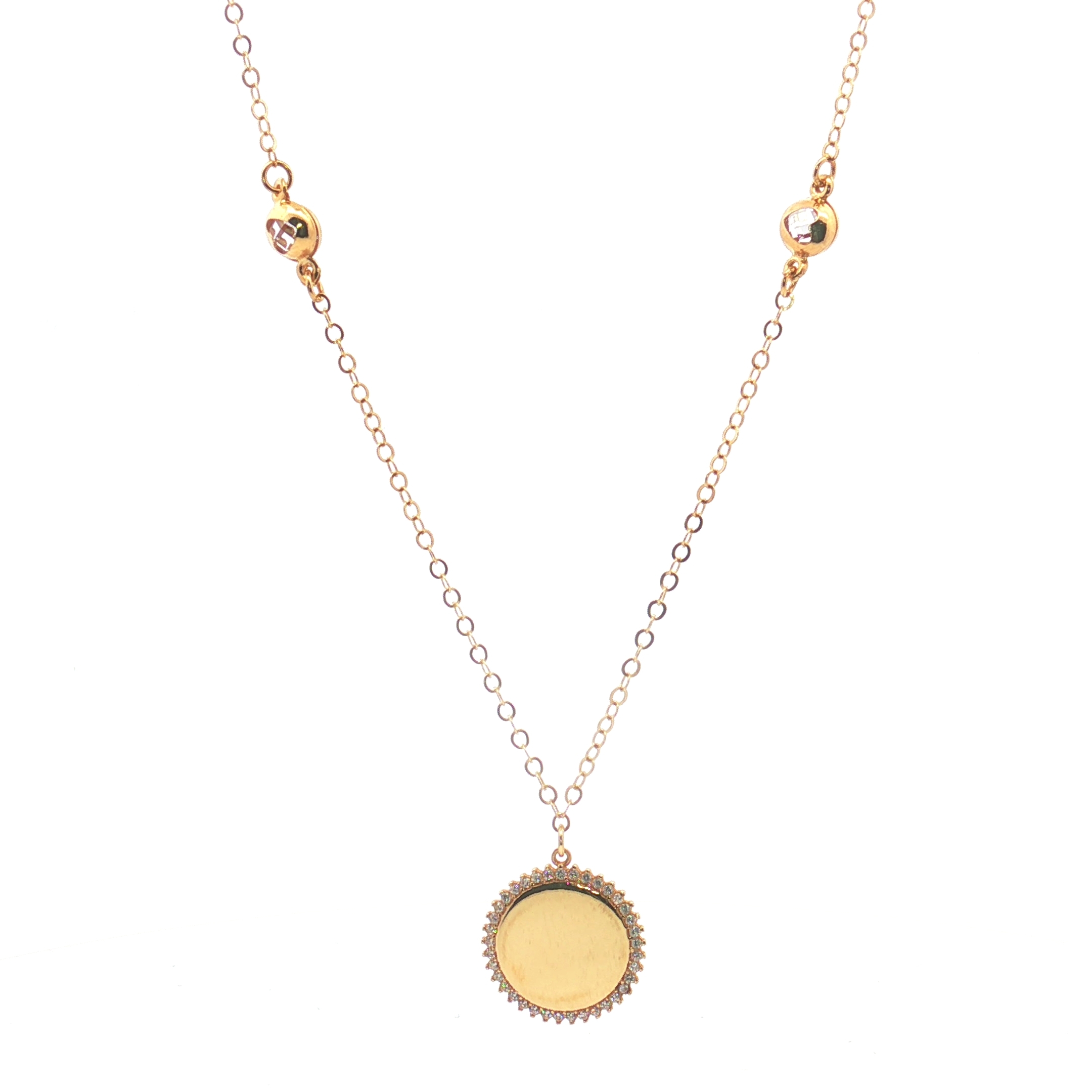 14K Yellow Gold Circle Engravable Cubic Zirconia Pendant Necklace with Heart Bezel-Set CZ Station Chain, 17