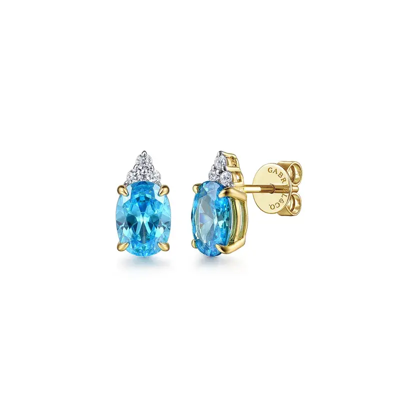 14K Yellow Gold 0.09ct Diamond And 1.96ctw Swiss Blue Topaz Stud Earrings Gaby Collection