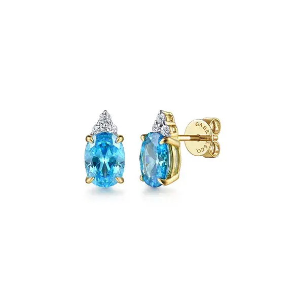 14K Yellow Gold Diamond And Swiss Blue Topaz Stud Earrings Gaby Collection Blue Topaz: 1.96 CTW Diamond: .09 CTW 