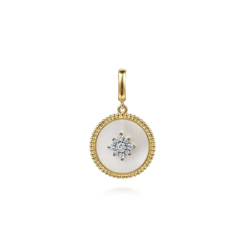 14K Yellow Gold Diamond Mother of Pearl Medallion Pendant in size 18mm With Detachable Bail