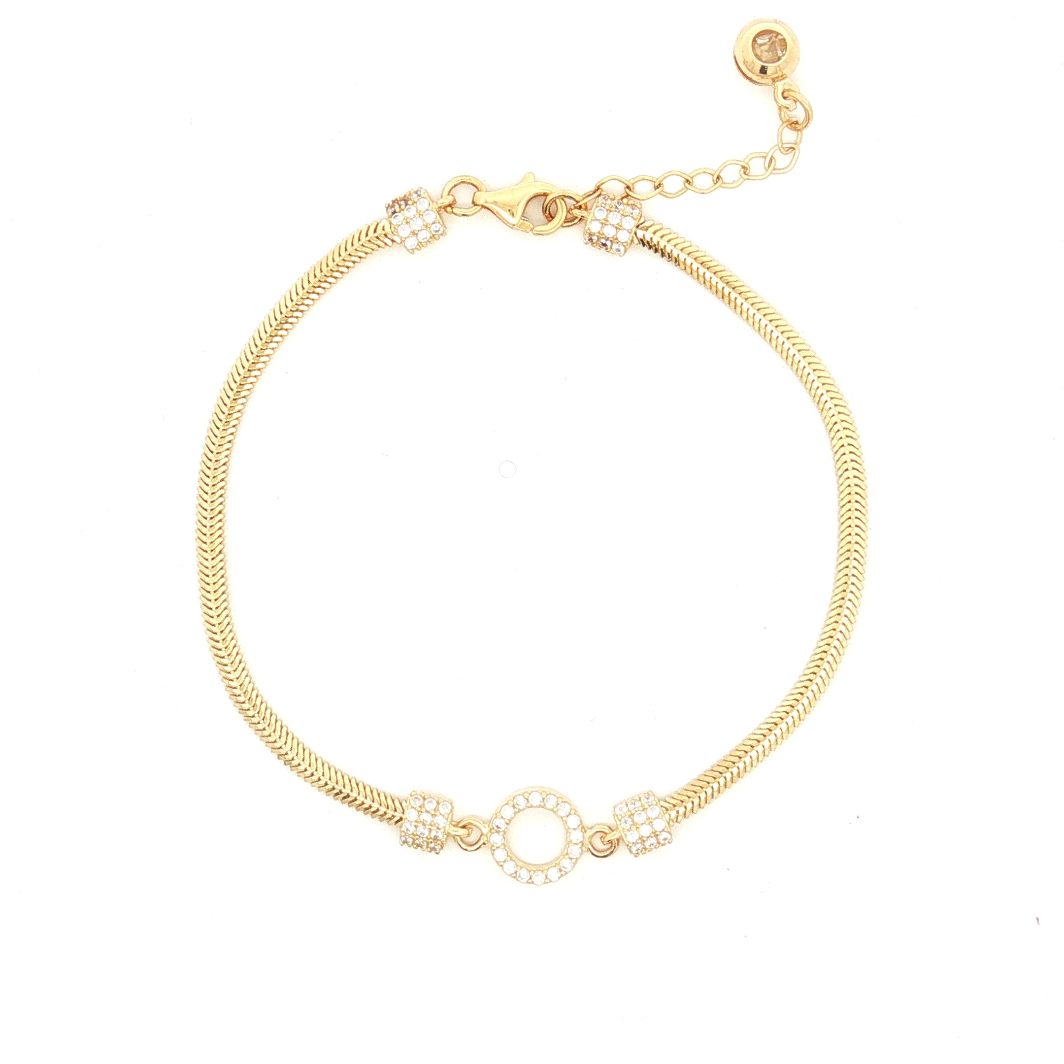 14K Yellow Gold Flat Snake Link Bracelet with Cubic Zirconia Circle Accent, 7.5 ( Adjustable )