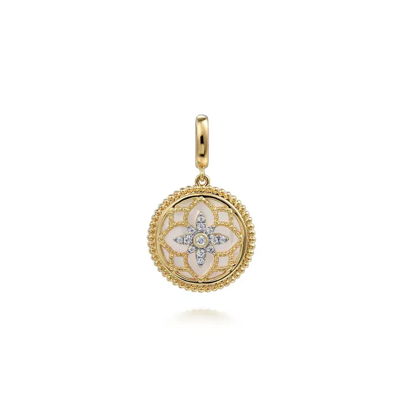 14K Yellow Gold Floral - Bujukan 0.09ct Diamond and Mother of Pearl Medallion Pendant in size 18mm With Detachable Bail