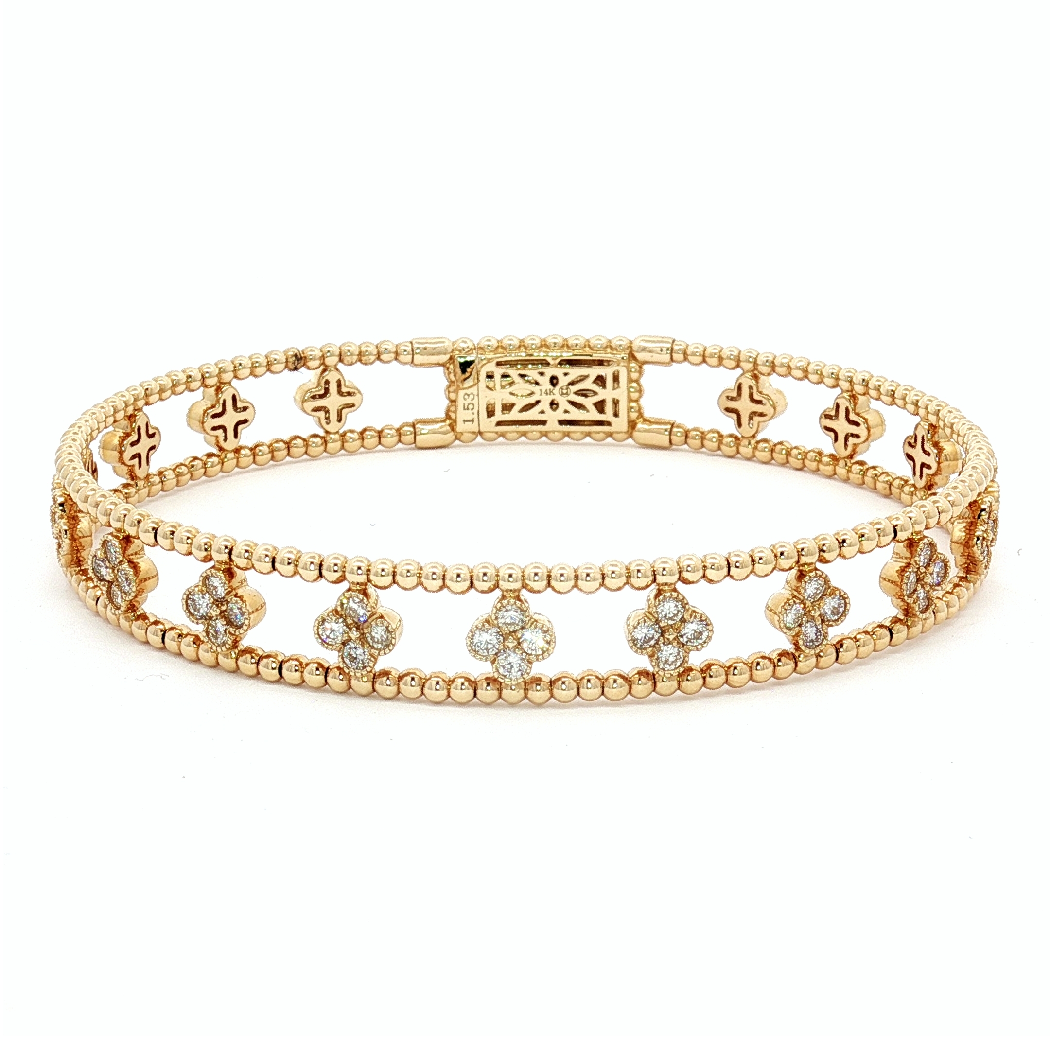 14K Yellow Gold Flower Beaded Openable Bangle with 1.53ct Natural Diamonds, Size 6.75