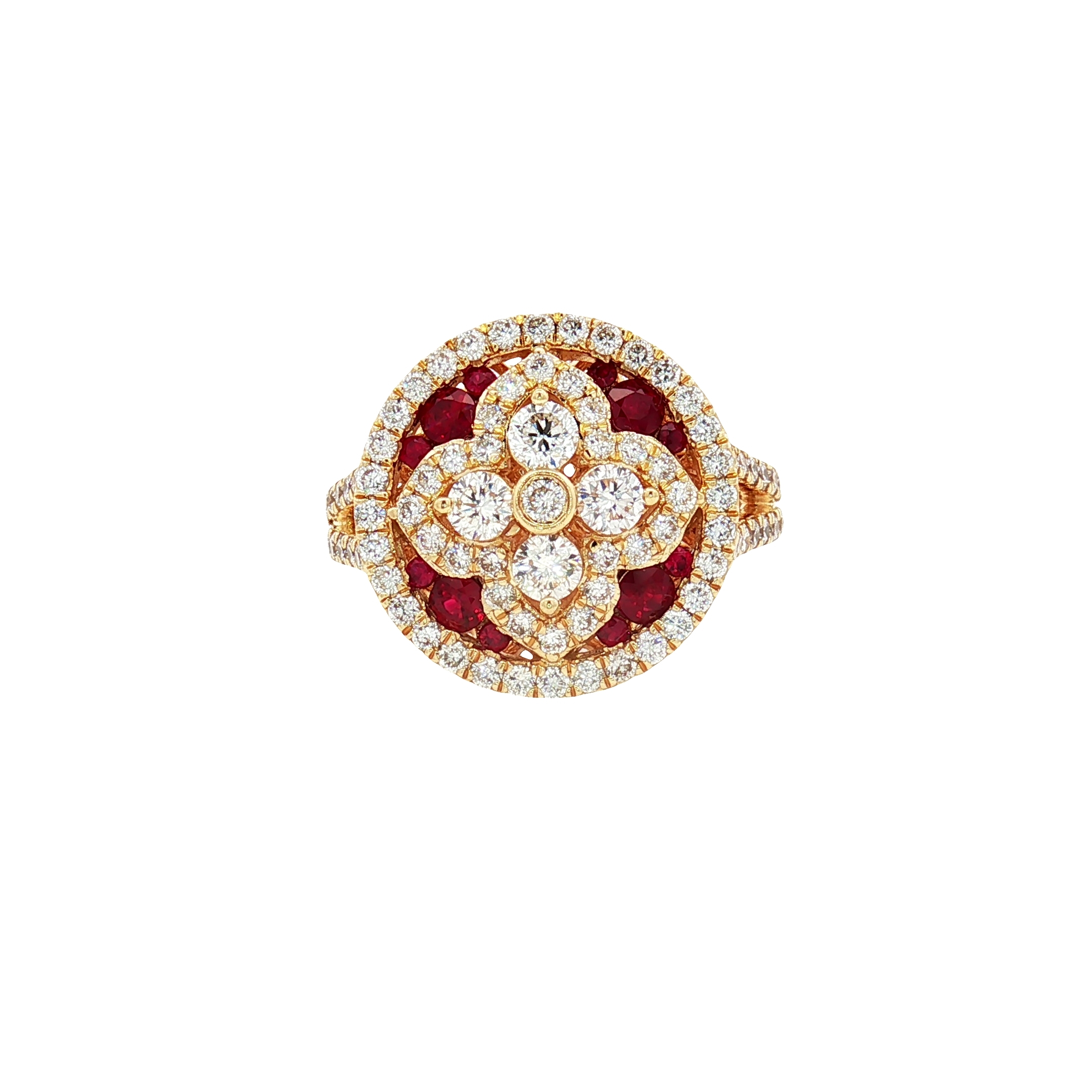 14K Yellow Gold Flower Ring with 0.42ct Rubies and 1.40ct Diamonds (Halo and Band), Size 6.5