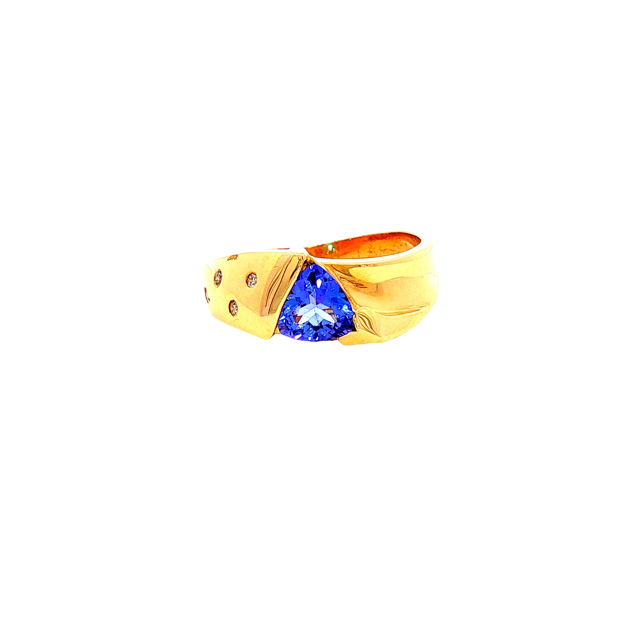 14K Yellow Gold Freeform Ring with Trillion-Cut Tanzanite and Flush-Set Diamonds, Size 6.5