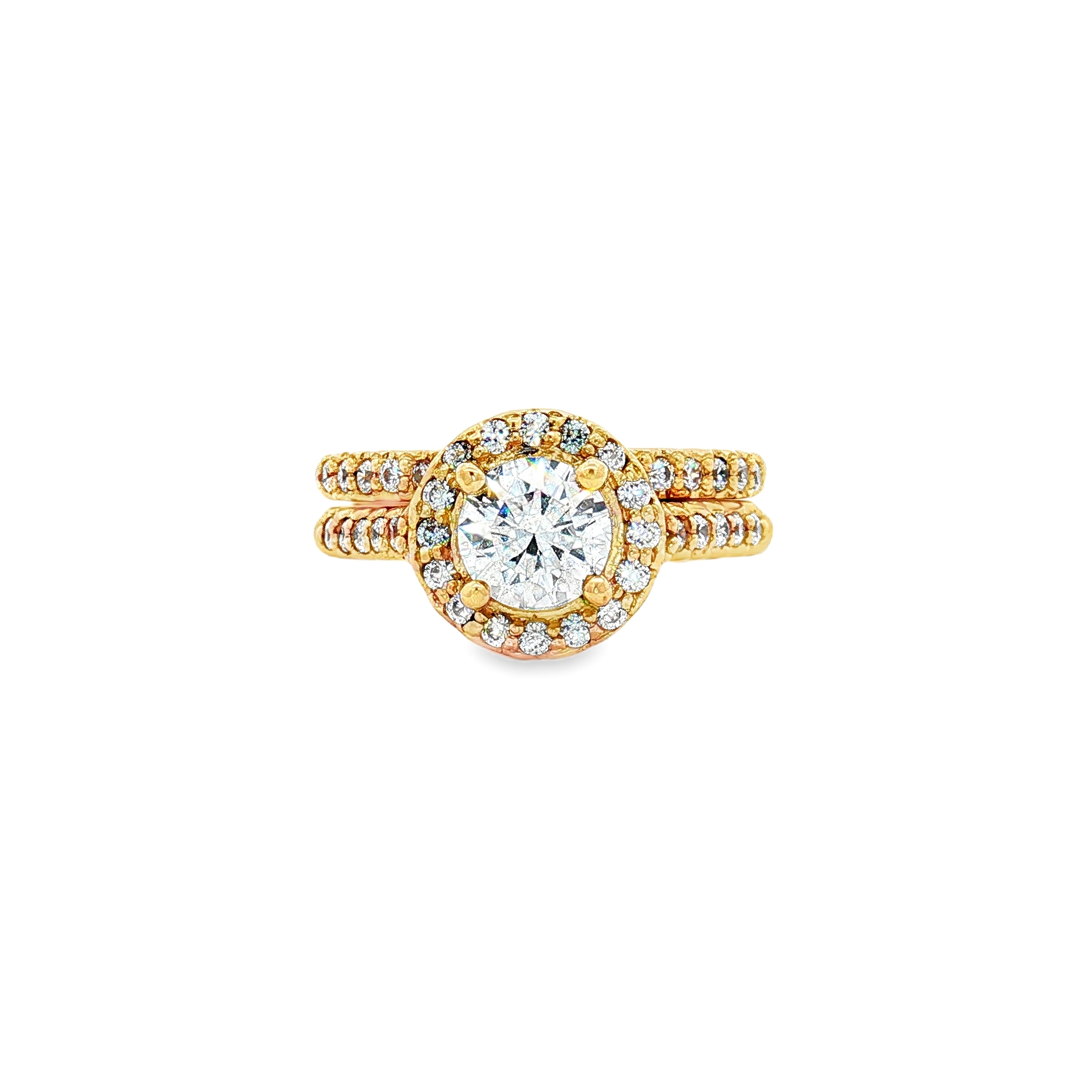 14K Yellow Gold Halo Cathedral Wedding Set with Cubic Zirconia Center and Accent Bands, Size 6.5
