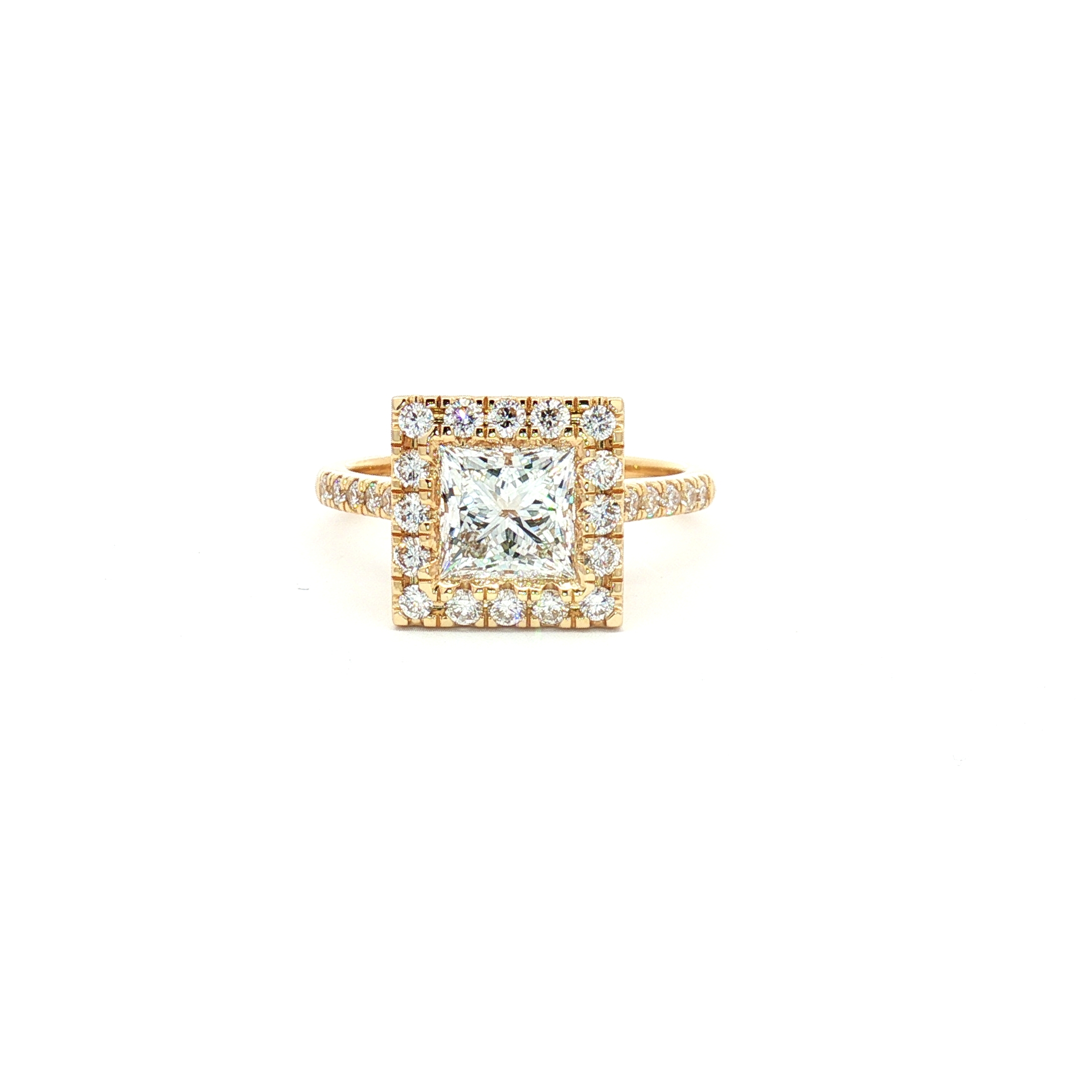 14K Yellow Gold Halo Solitarire Ring With 2.36ct Lab-Grown Diamonds Round and Cushion Cut, Size 7