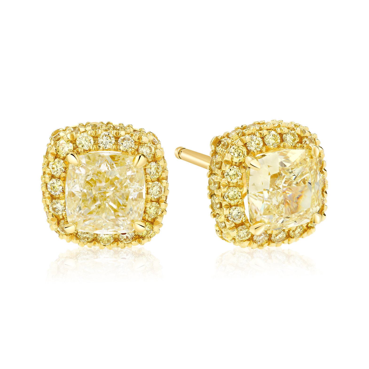 14K Yellow Gold Handmade Earrings Ft. 2 Fancy Yellow Cushions Weighing 1.31ct, Accented by 72 Fancy Yellow Diamonds Melee Weighing 0.61ct in the Halo