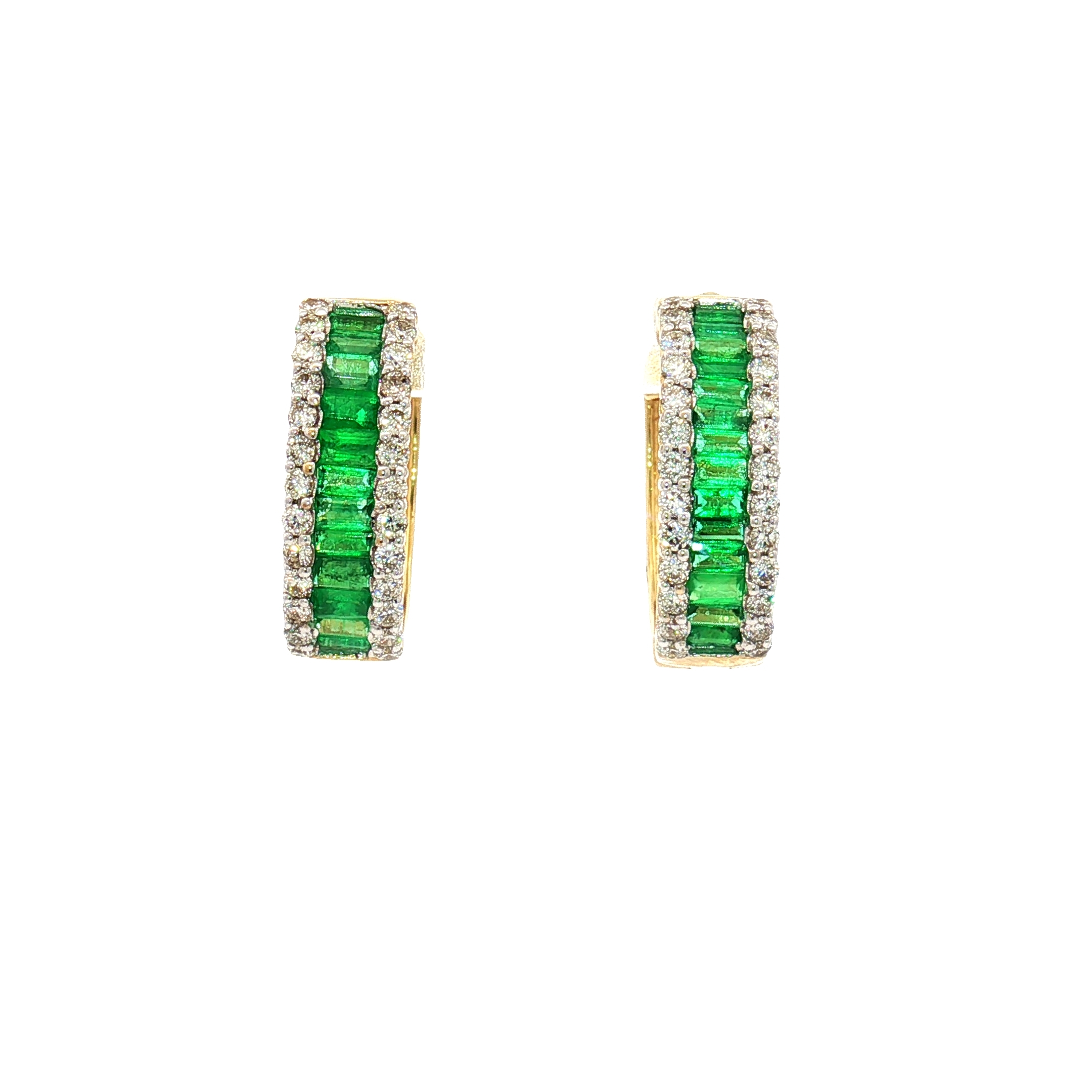 14K Yellow Gold Hoop Earrings with 1.08ct Baguette-Cut Emeralds & 0.68ct Diamonds
