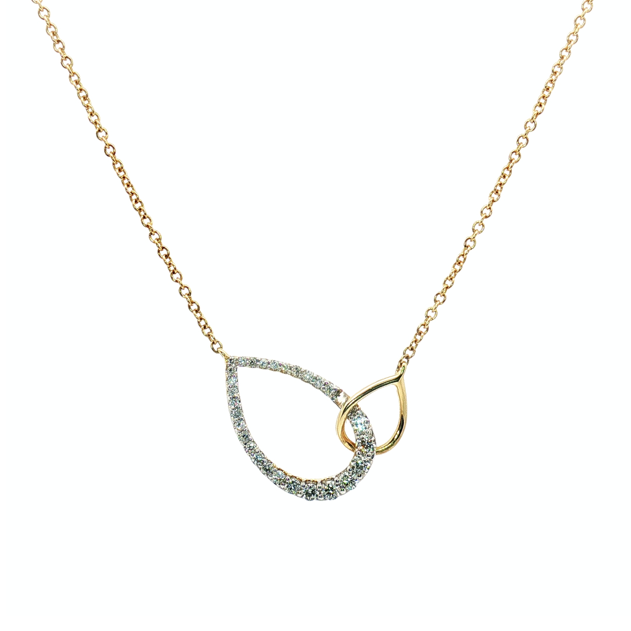 14K Yellow Gold Intertwined Open Teardrop Pendant Necklace with 0.33ct Natural Diamonds, 18
